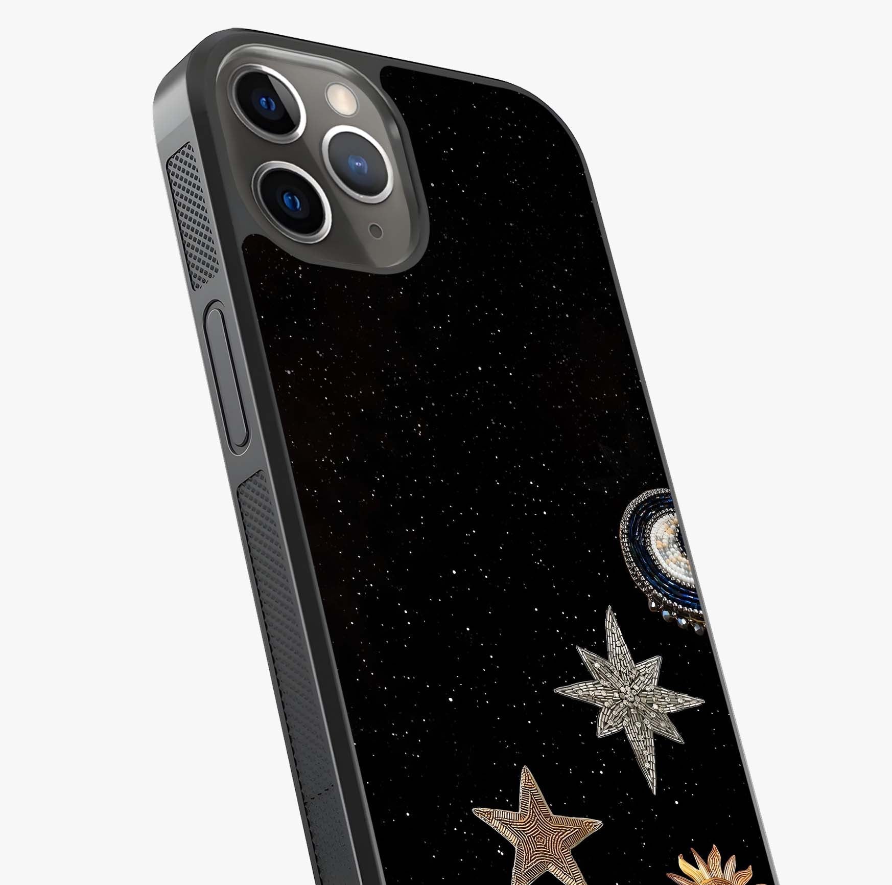 Galactic Charm Glow Glass Case captured at a warm angle highlighting gloss, texture and premium glass finish.