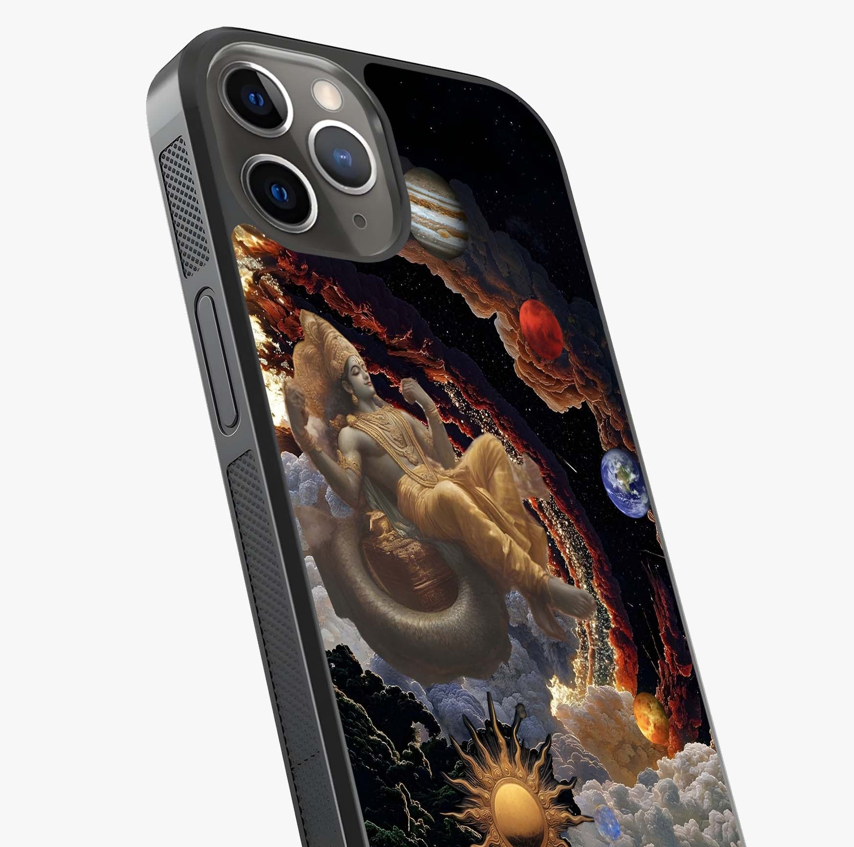 Galactic Divine God Glass Case captured at a warm angle highlighting gloss, texture and premium glass finish.