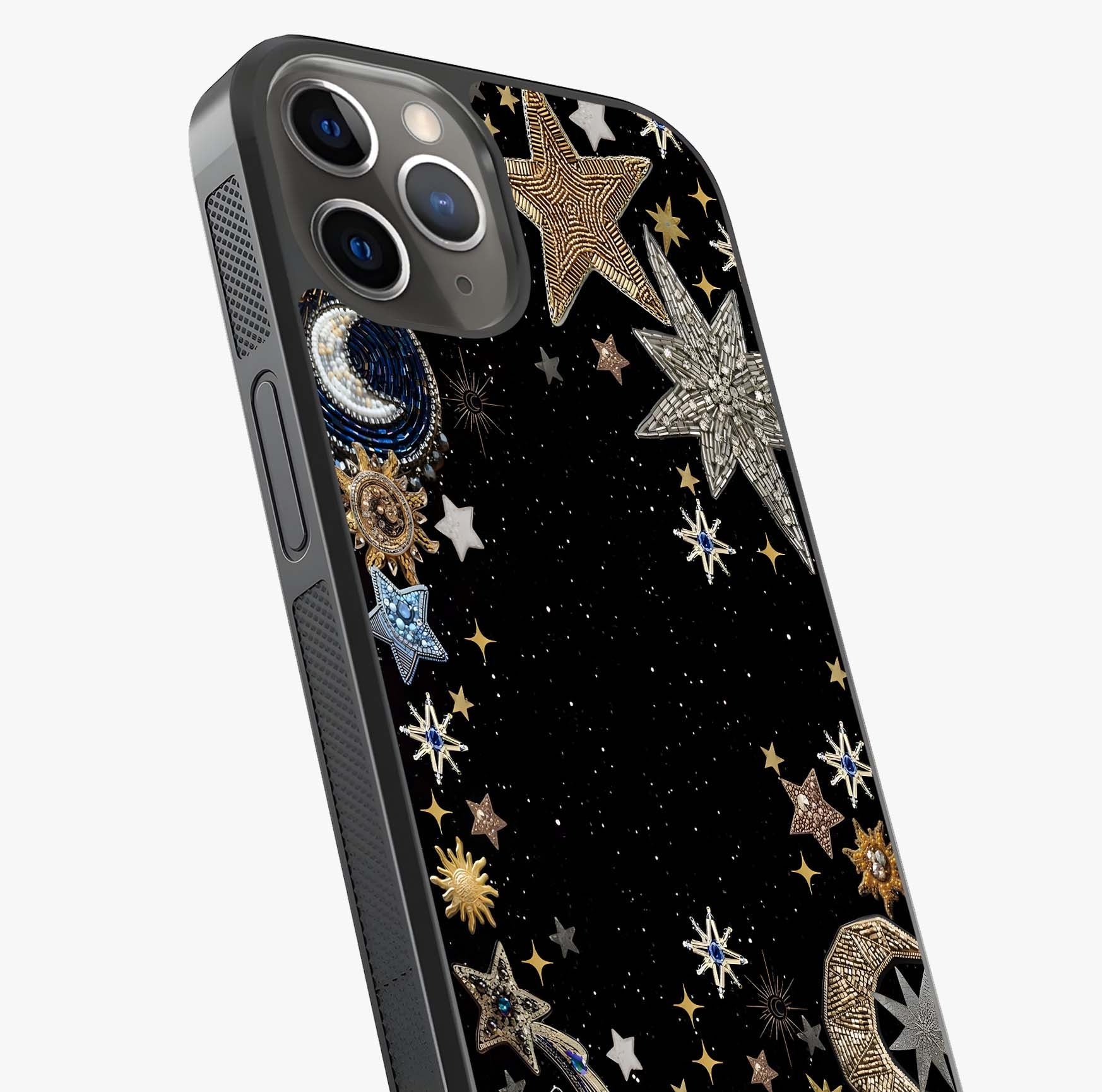 Galactic Jewel Stars Glass Case captured at a warm angle highlighting gloss, texture and premium glass finish.