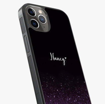 Glittery Purple Bokeh Custom Name Glass Case captured at a warm angle highlighting gloss, texture and premium glass finish.