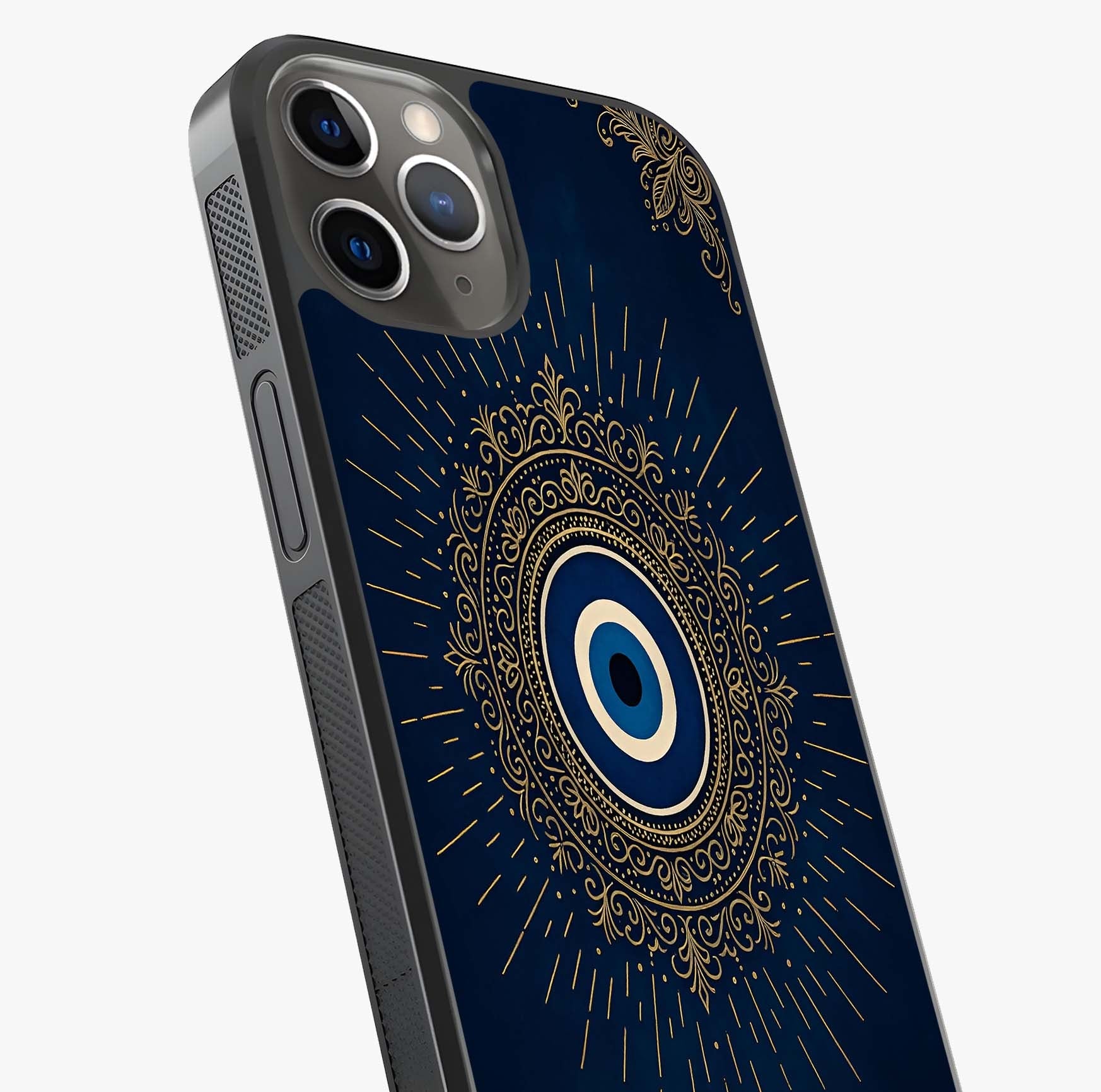 Golden Evil Eye Mandala Glass Case captured at a warm angle highlighting gloss, texture and premium glass finish.