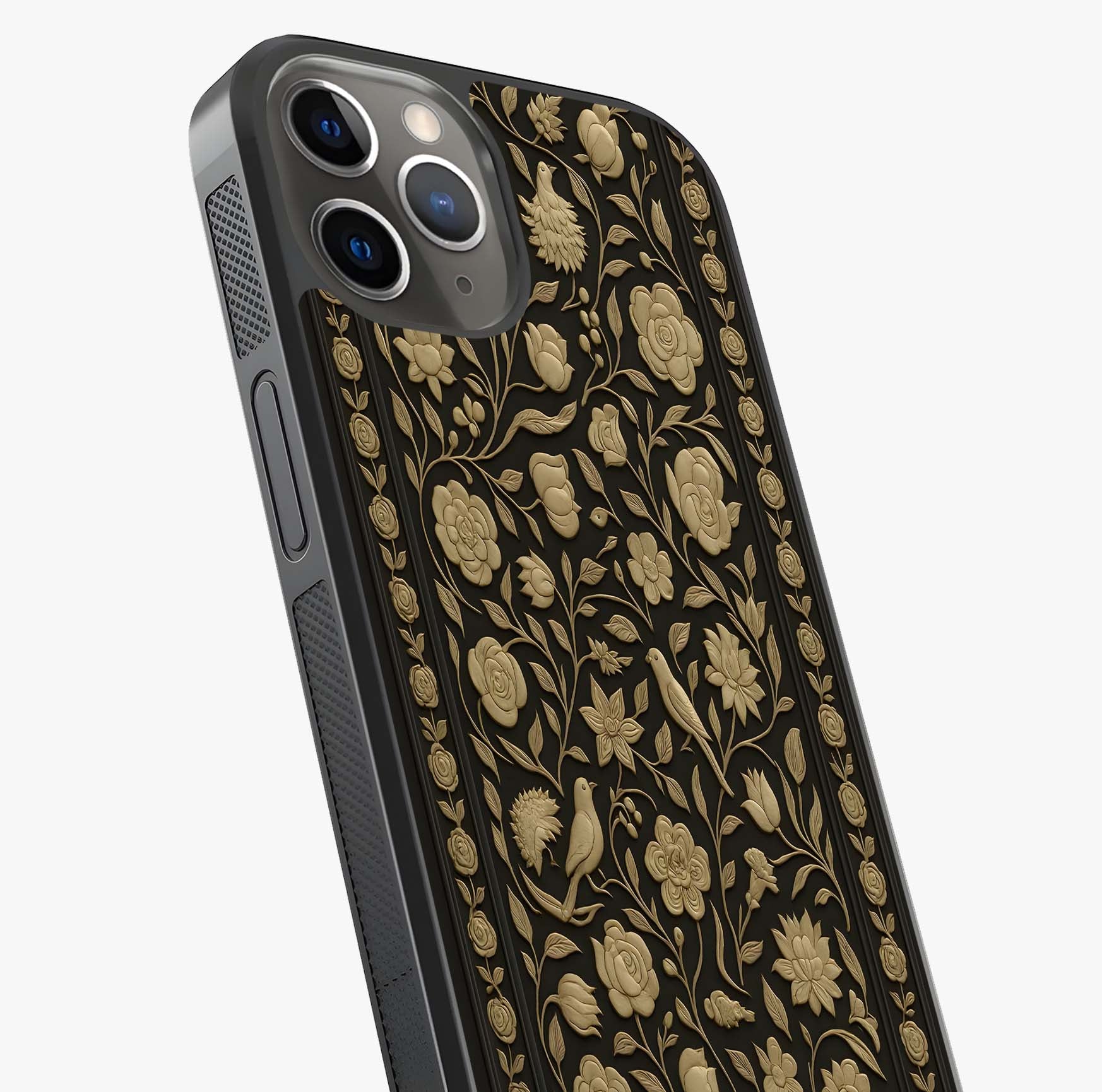 Golden Floral Majesty Glass Case captured at a warm angle highlighting gloss, texture and premium glass finish.