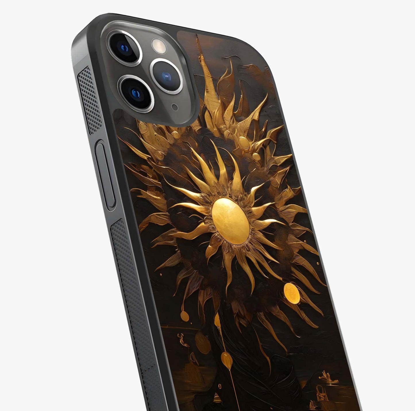 Golden Sun Majesty Glass Case captured at a warm angle highlighting gloss, texture and premium glass finish.