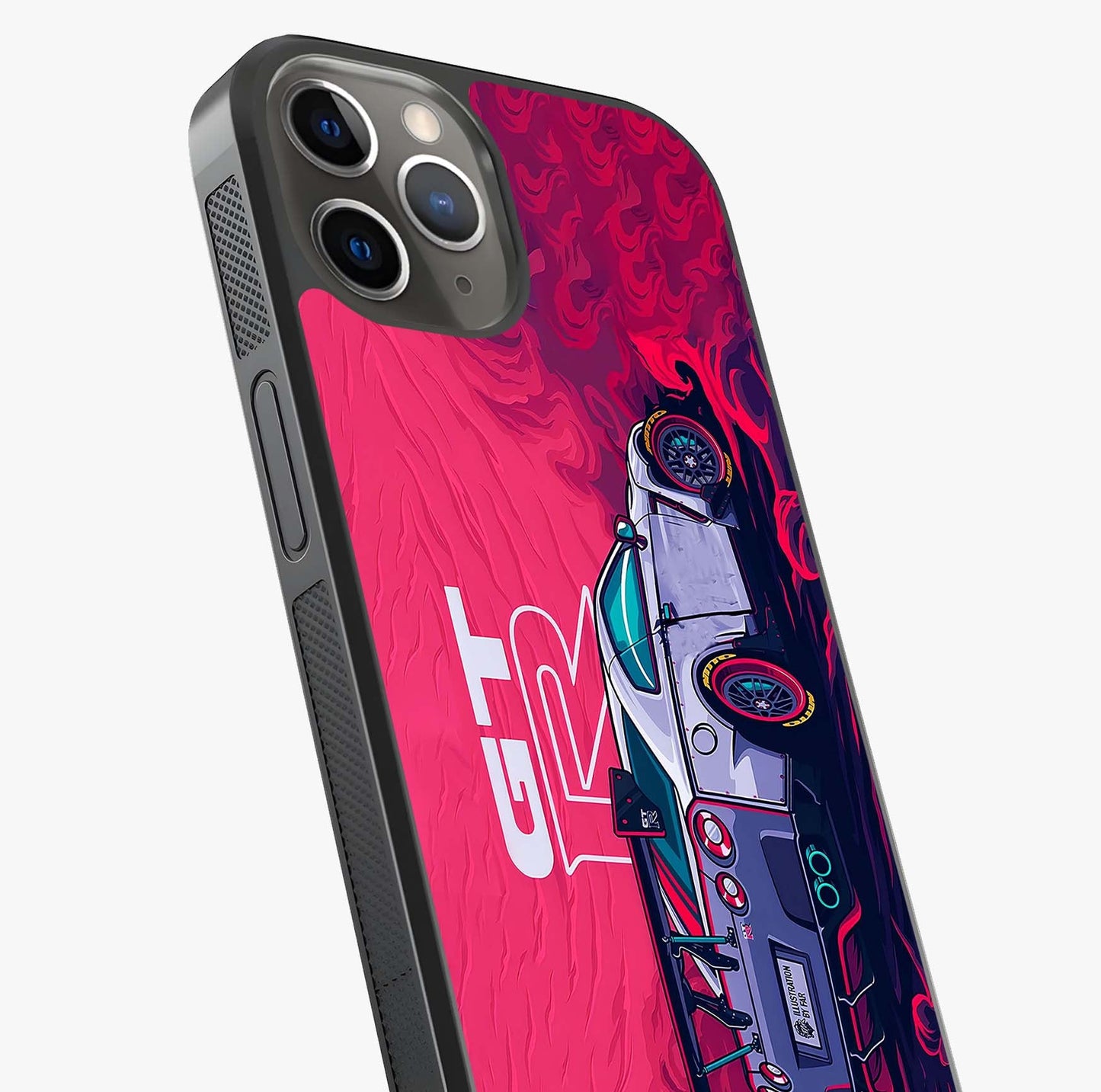 GT R Car Pattern Glass Case captured at a warm angle highlighting gloss, texture and premium glass finish.