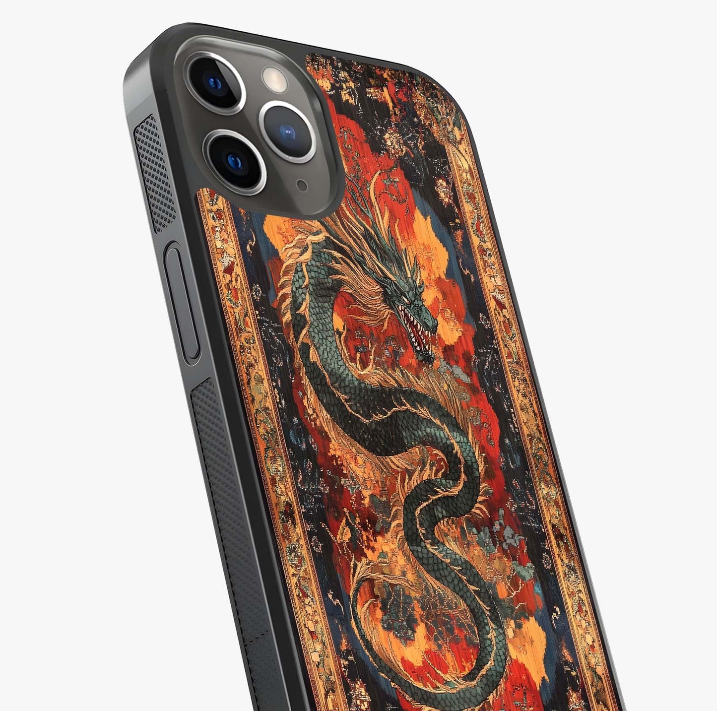 Inferno Dragon Soul Glass Case captured at a warm angle highlighting gloss, texture and premium glass finish.