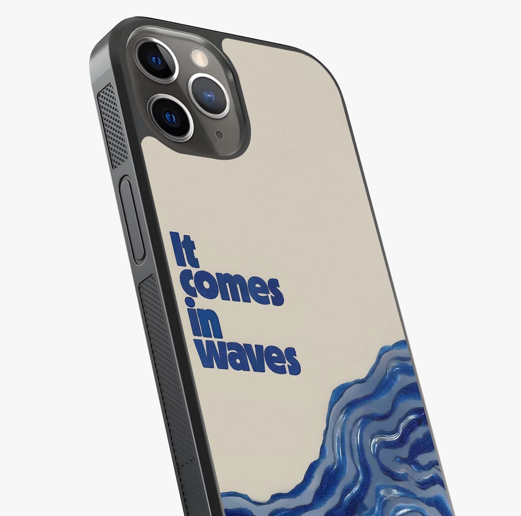 It Comes In Waves Quote Glass Case captured at a warm angle highlighting gloss, texture and premium glass finish.