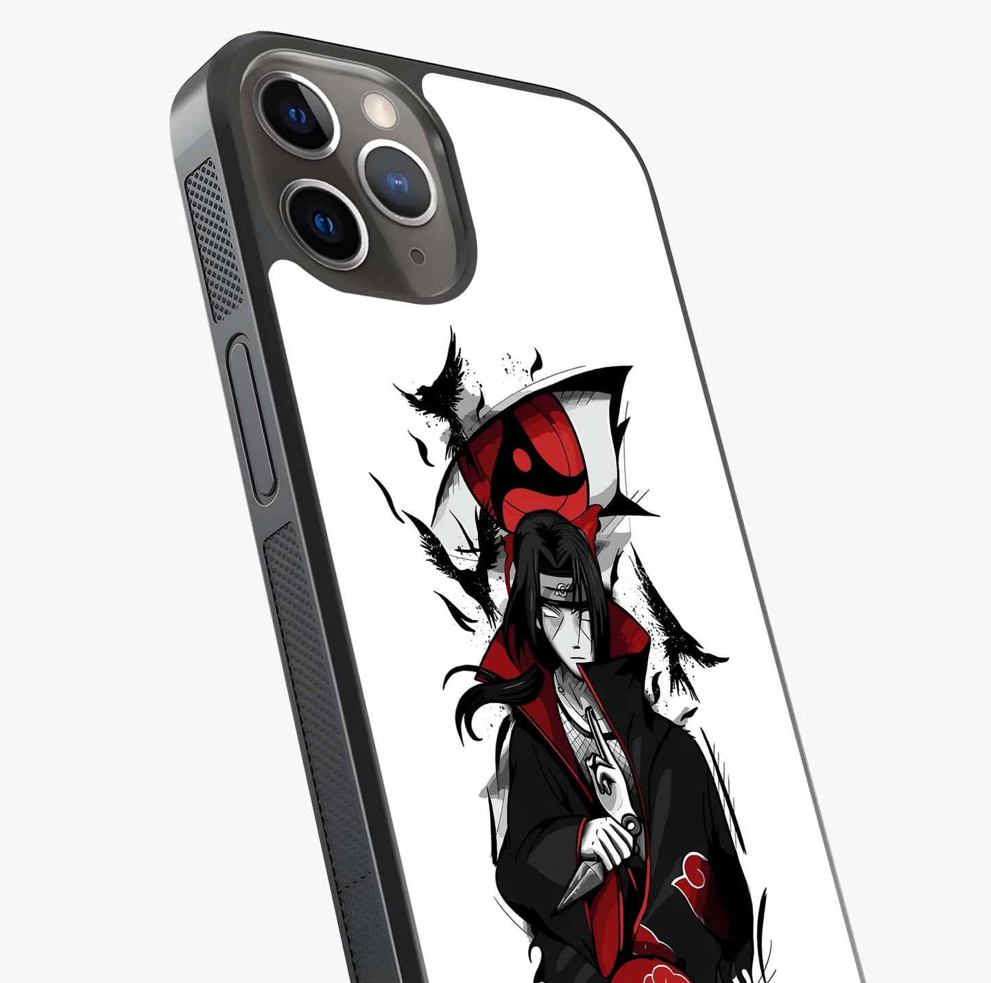 Itachi Sharingan Glass Case captured at a warm angle highlighting gloss, texture and premium glass finish.