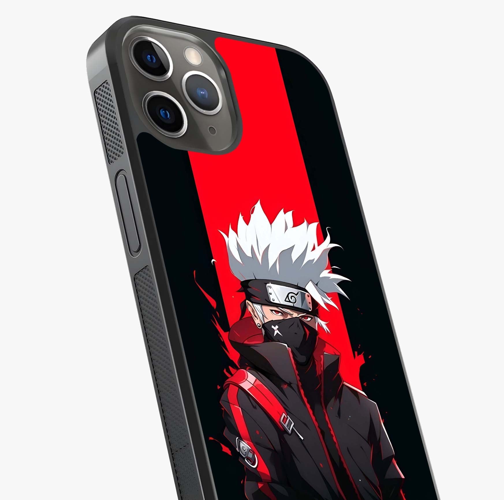Kakashi Scarlet Shadow Glass Case captured at a warm angle highlighting gloss, texture and premium glass finish.