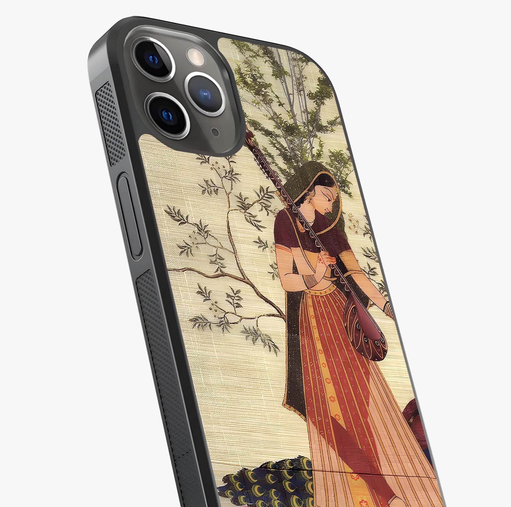 Lady With Veena Art Glass Case captured at a warm angle highlighting gloss, texture and premium glass finish.