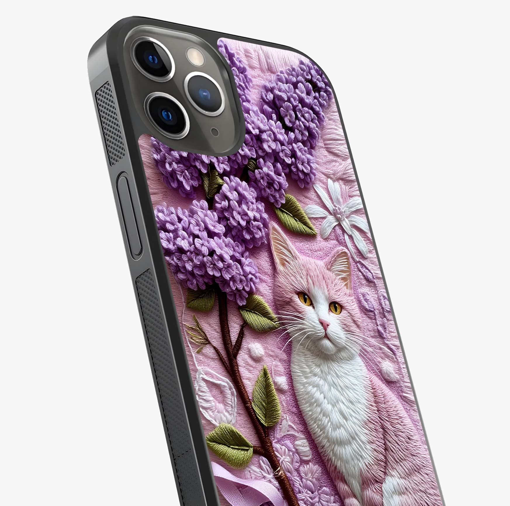Lavender Cat Whimsy Glass Case captured at a warm angle highlighting gloss, texture and premium glass finish.