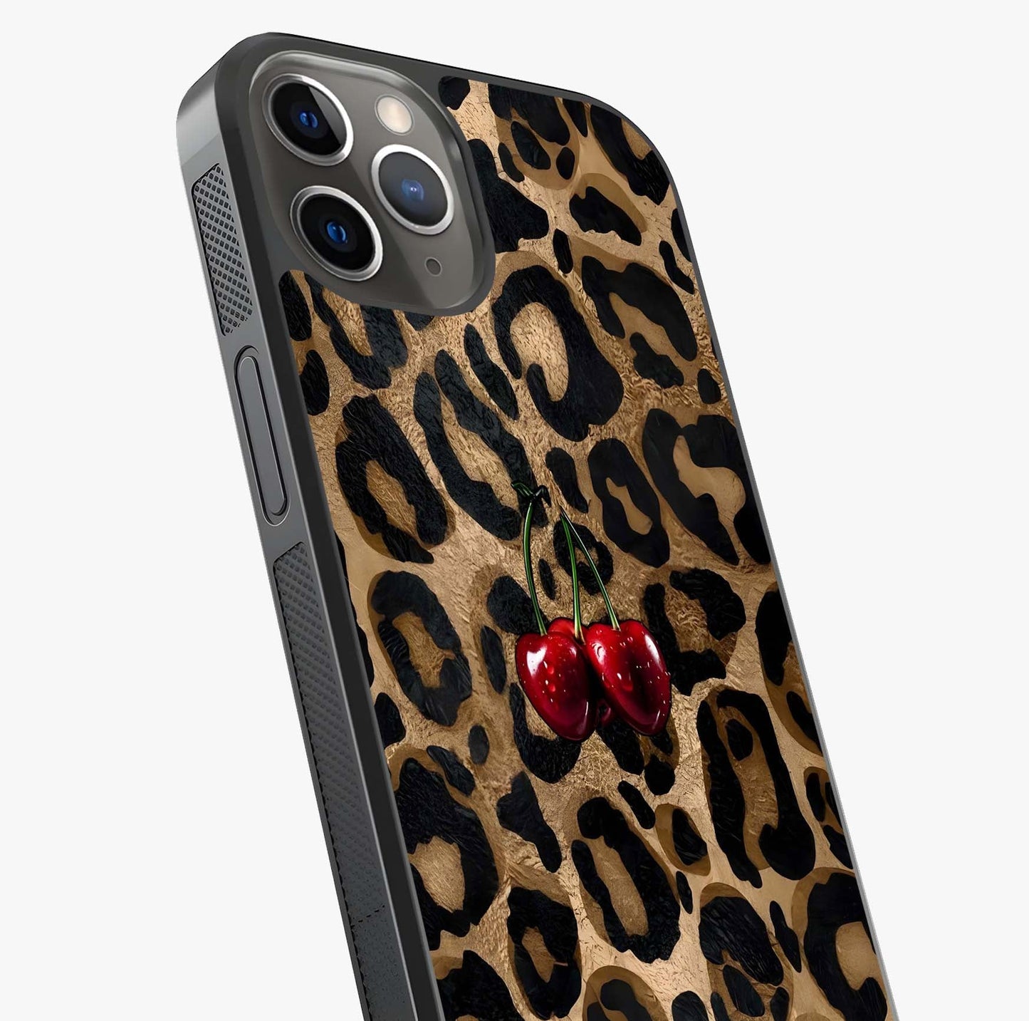 Leopard Wild Cherry Glass Case captured at a warm angle highlighting gloss, texture and premium glass finish.