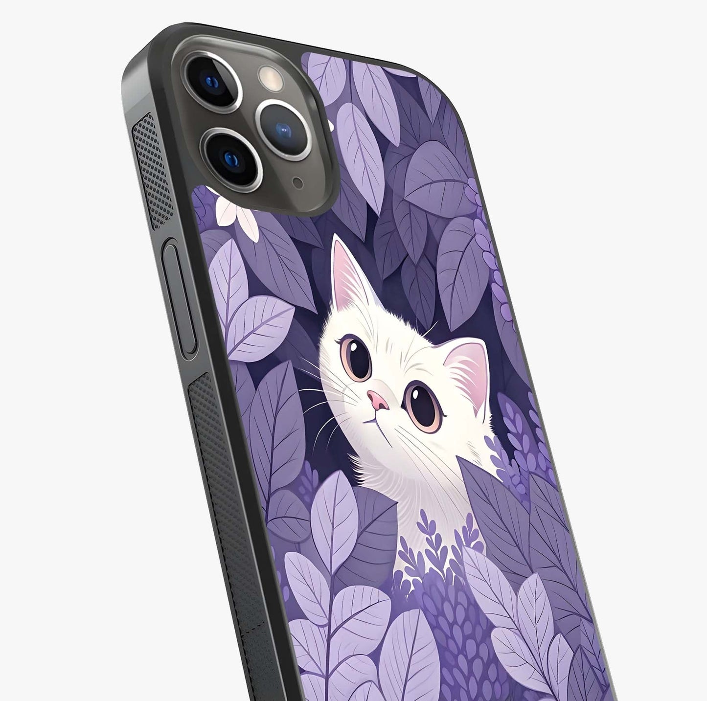 Lilac Hide Peek Cat Glass Case captured at a warm angle highlighting gloss, texture and premium glass finish.