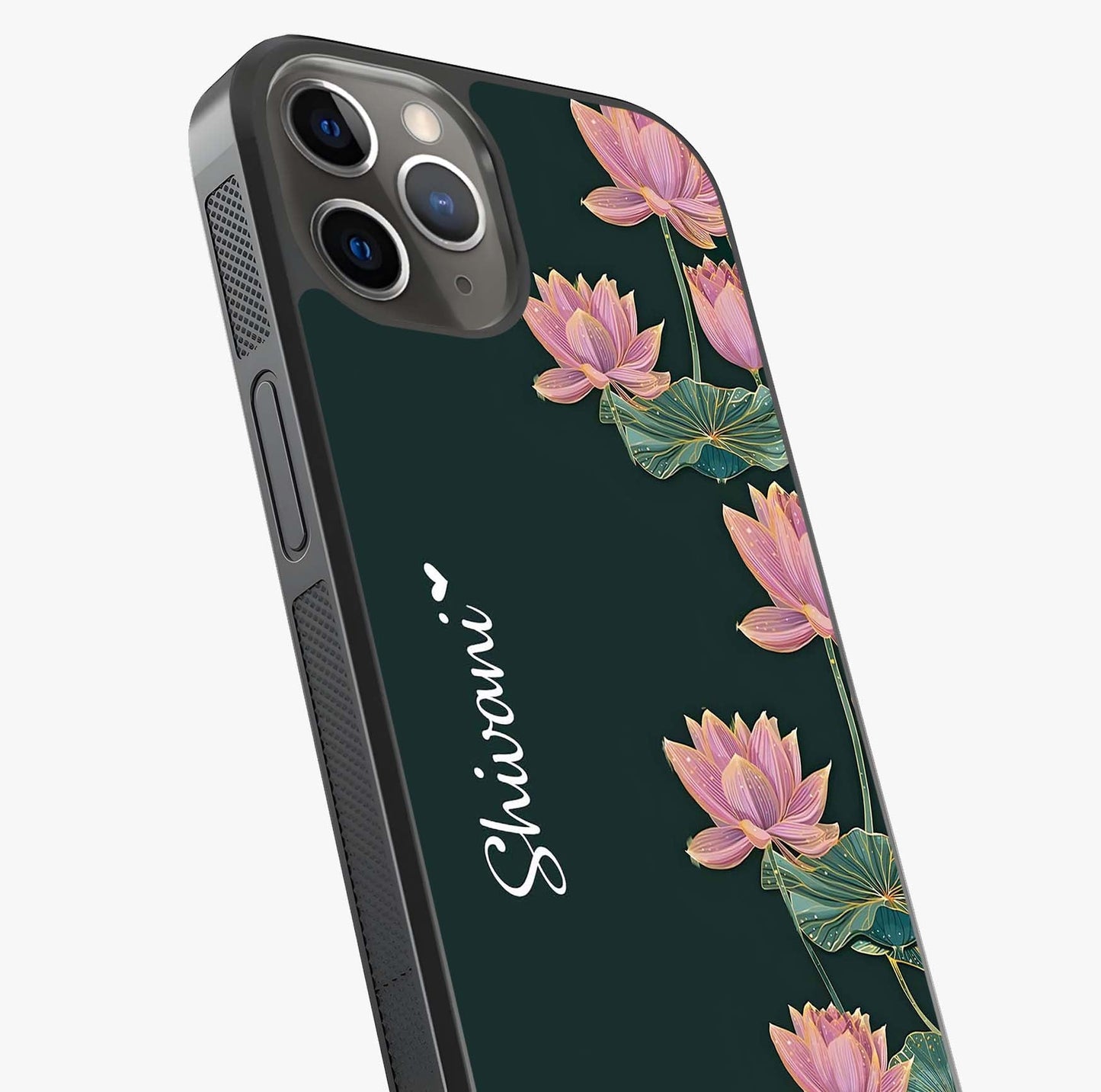 Lotus Bloom Serenity Custom Name Glass Case captured at a warm angle highlighting gloss, texture and premium glass finish.