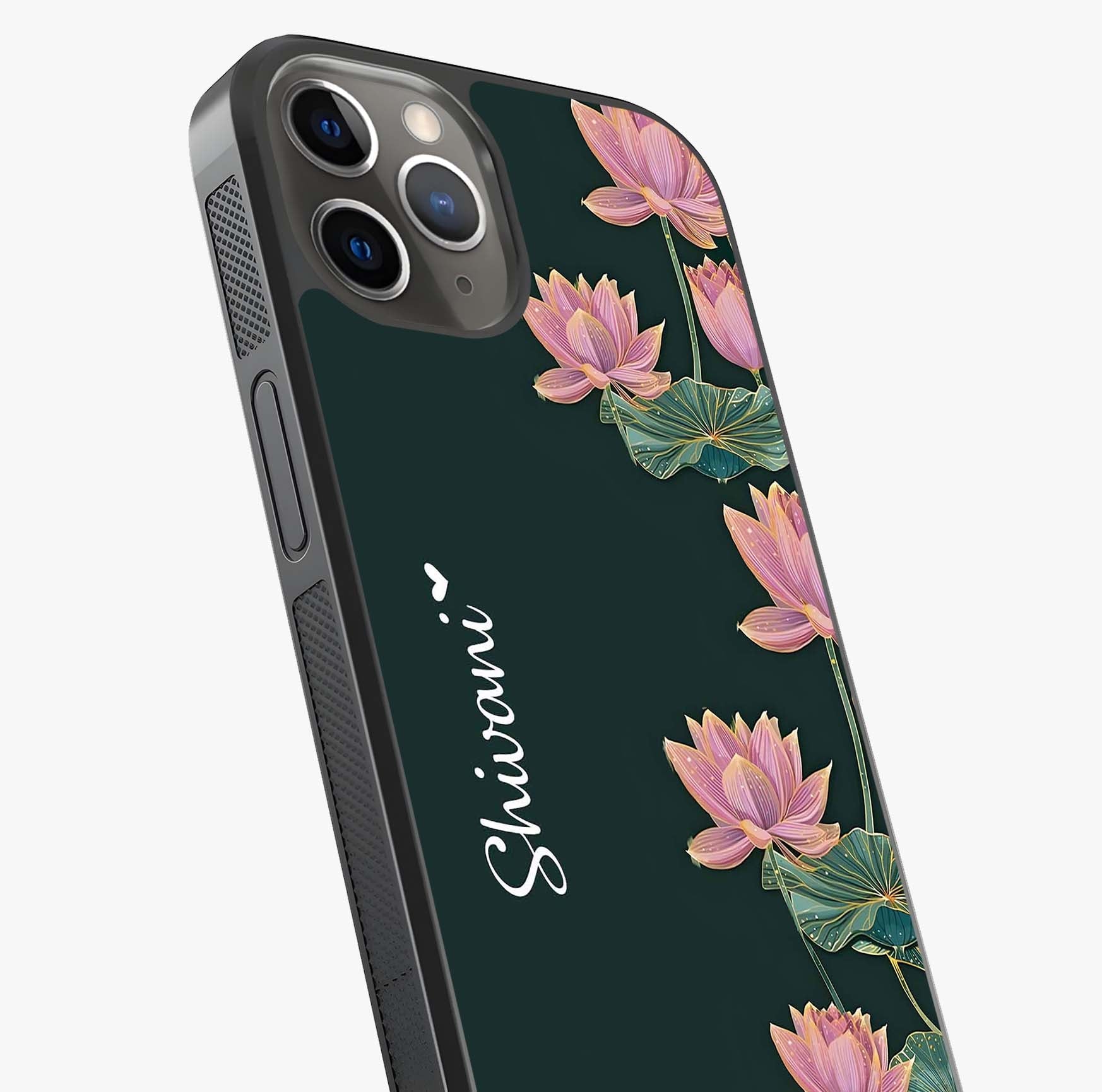 Lotus Bloom Serenity Custom Name Glass Case captured at a warm angle highlighting gloss, texture and premium glass finish.