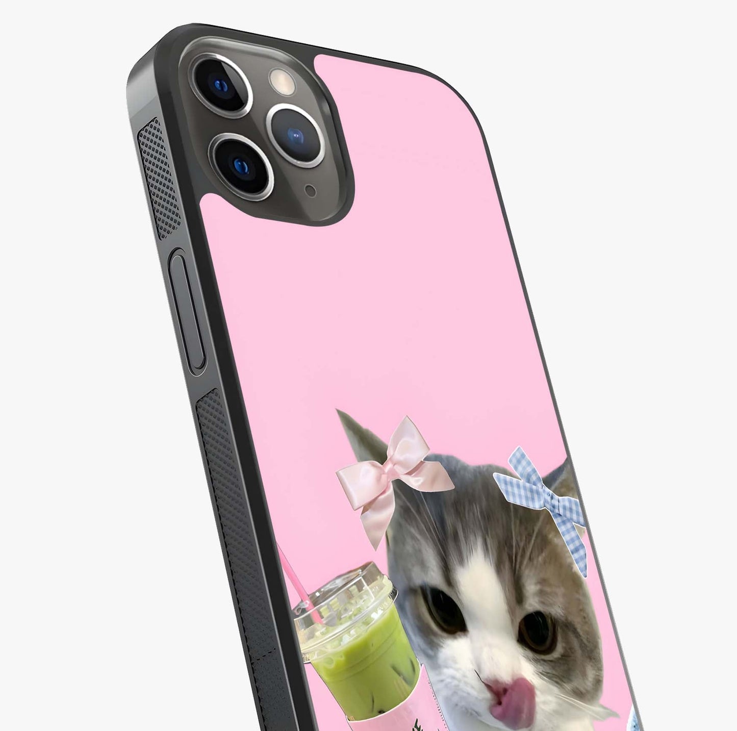 Love Matcha Cat Glass Case captured at a warm angle highlighting gloss, texture and premium glass finish.