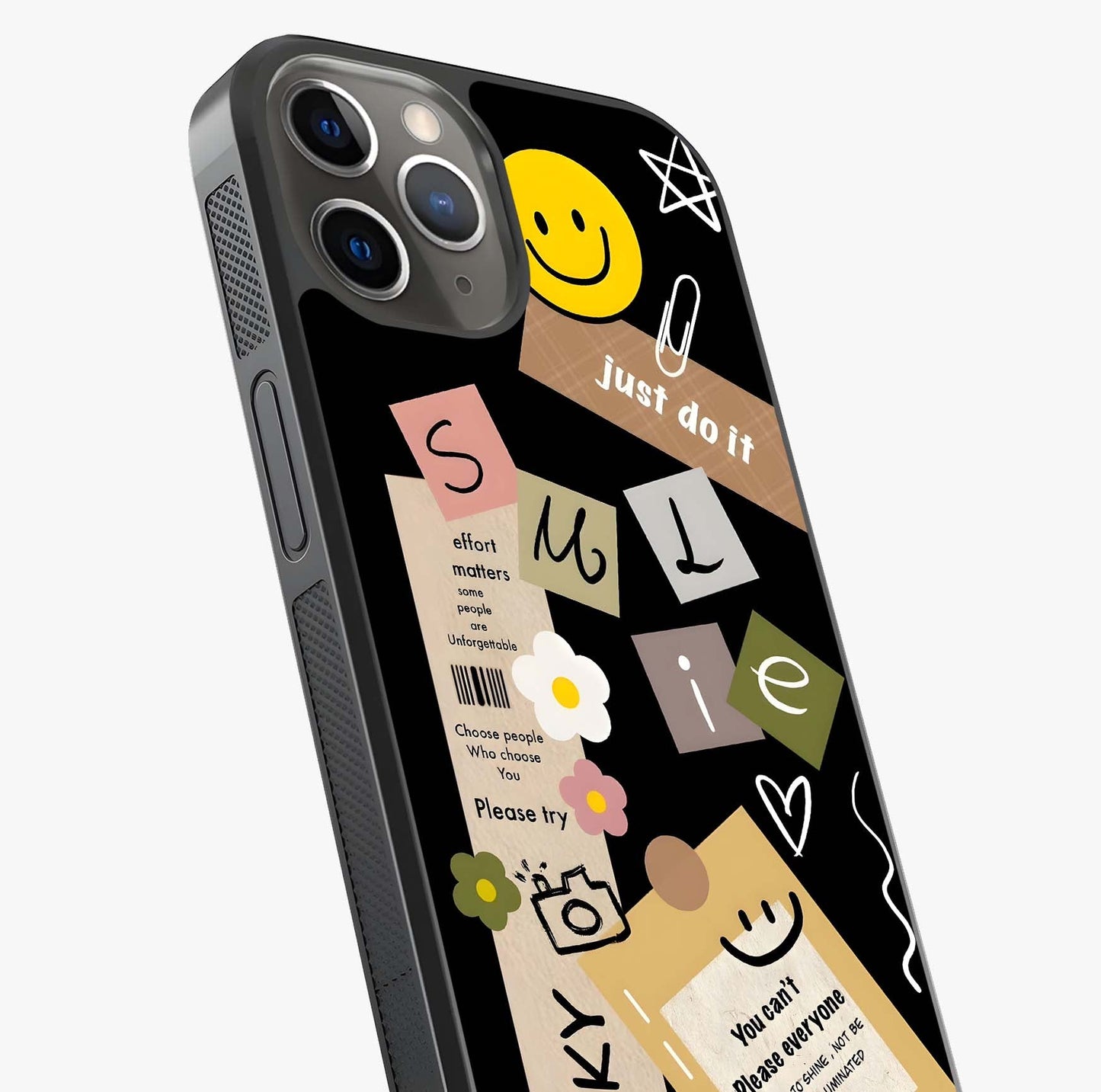 Lucky Aesthetic Collage Glass Case captured at a warm angle highlighting gloss, texture and premium glass finish.