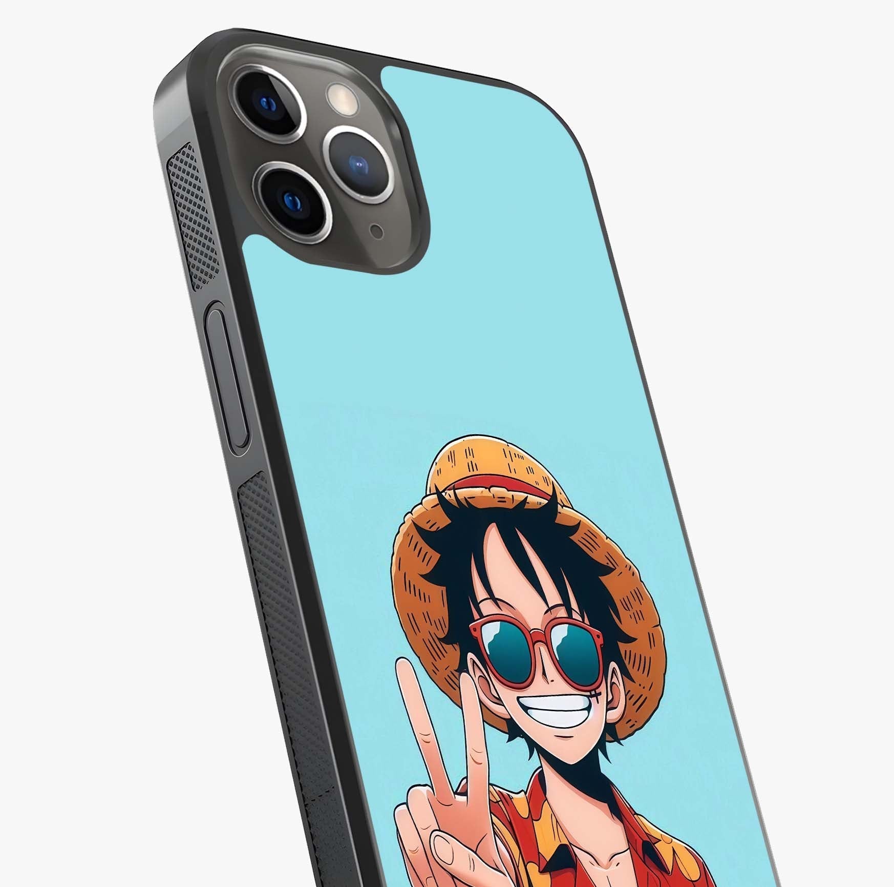 Luffy Summer Anime Vibe Glass Case captured at a warm angle highlighting gloss, texture and premium glass finish.