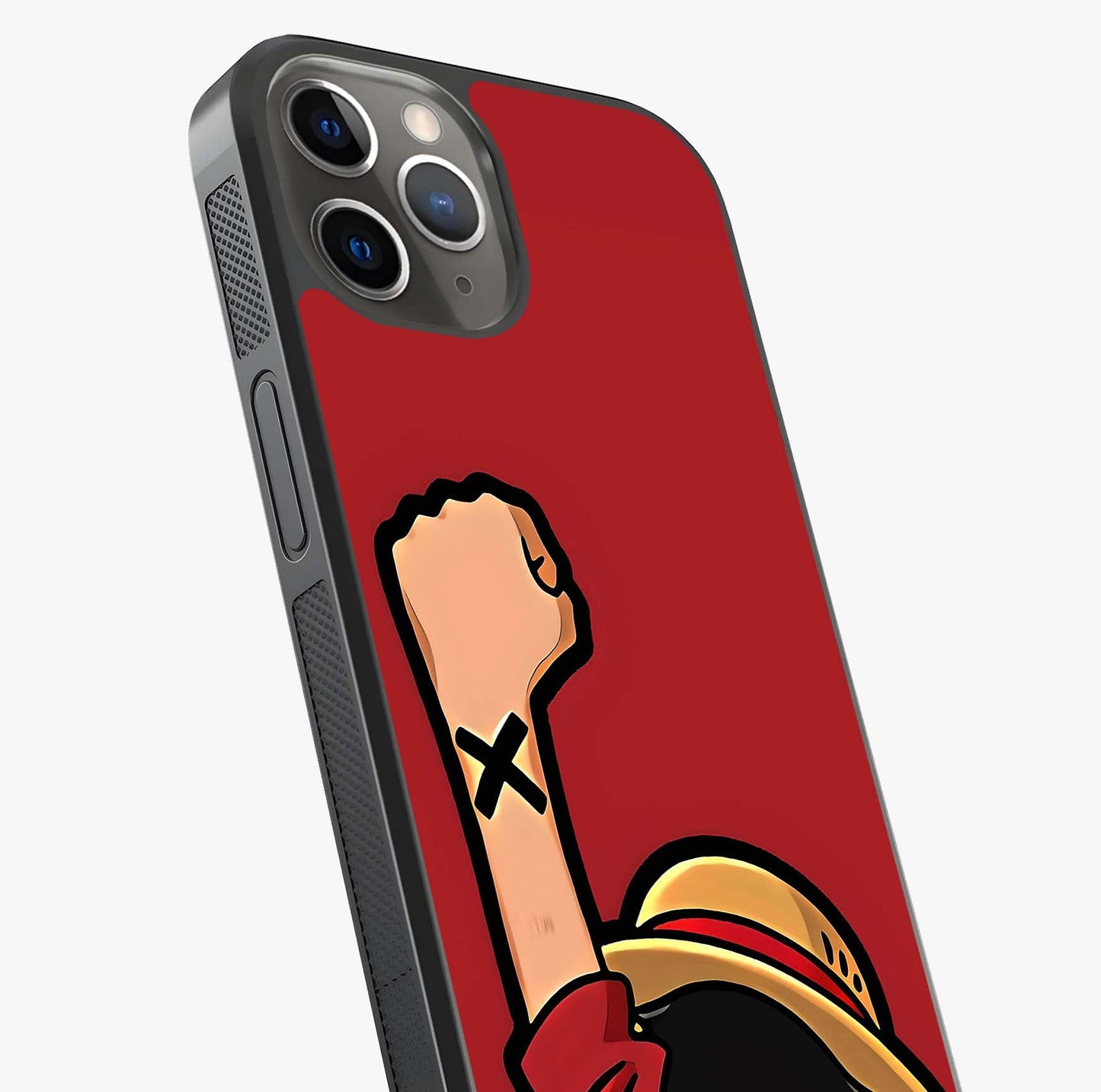 Luffy X Spirit Glass Case captured at a warm angle highlighting gloss, texture and premium glass finish.
