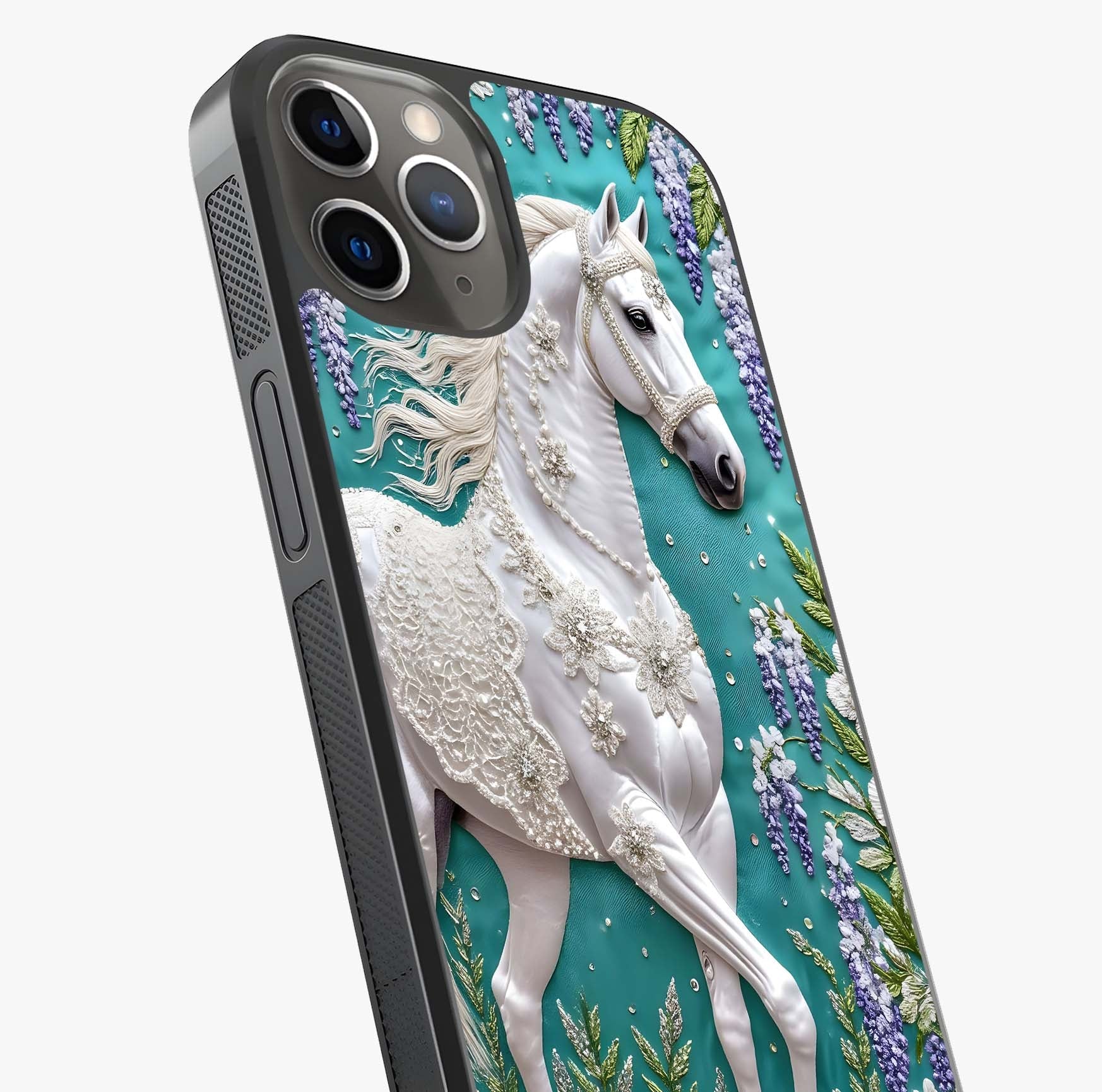 Majestic Floral Stallion Glass Case captured at a warm angle highlighting gloss, texture and premium glass finish.