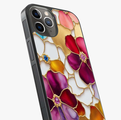 Marble Flower Pattern Glass Case captured at a warm angle highlighting gloss, texture and premium glass finish.