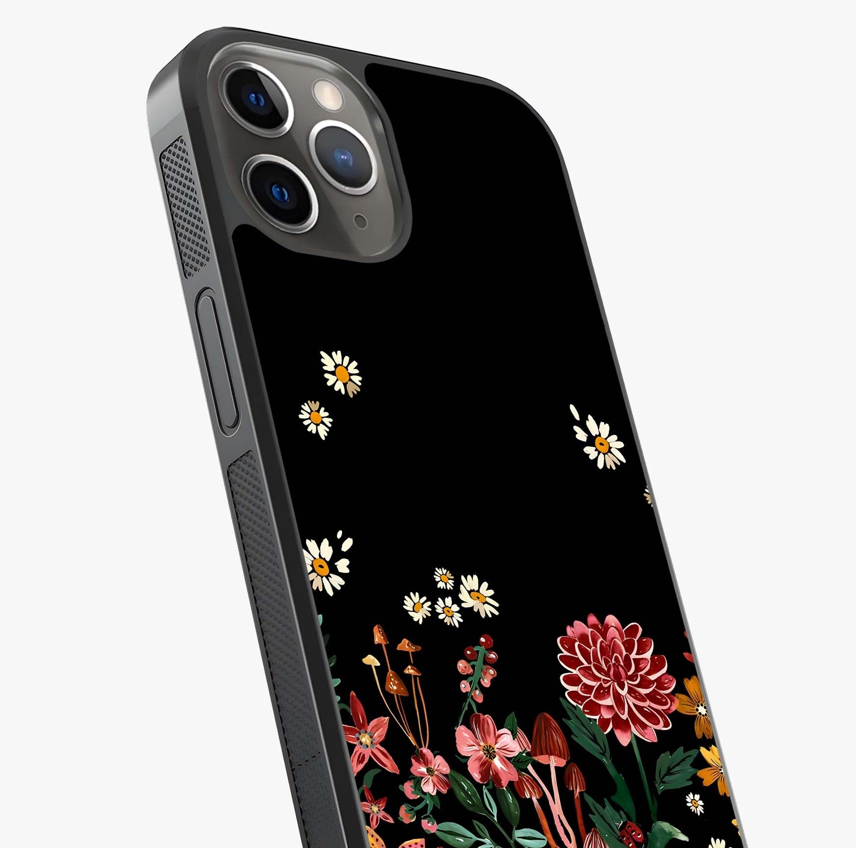 Midnight Bloom Pattern Glass Case captured at a warm angle highlighting gloss, texture and premium glass finish.