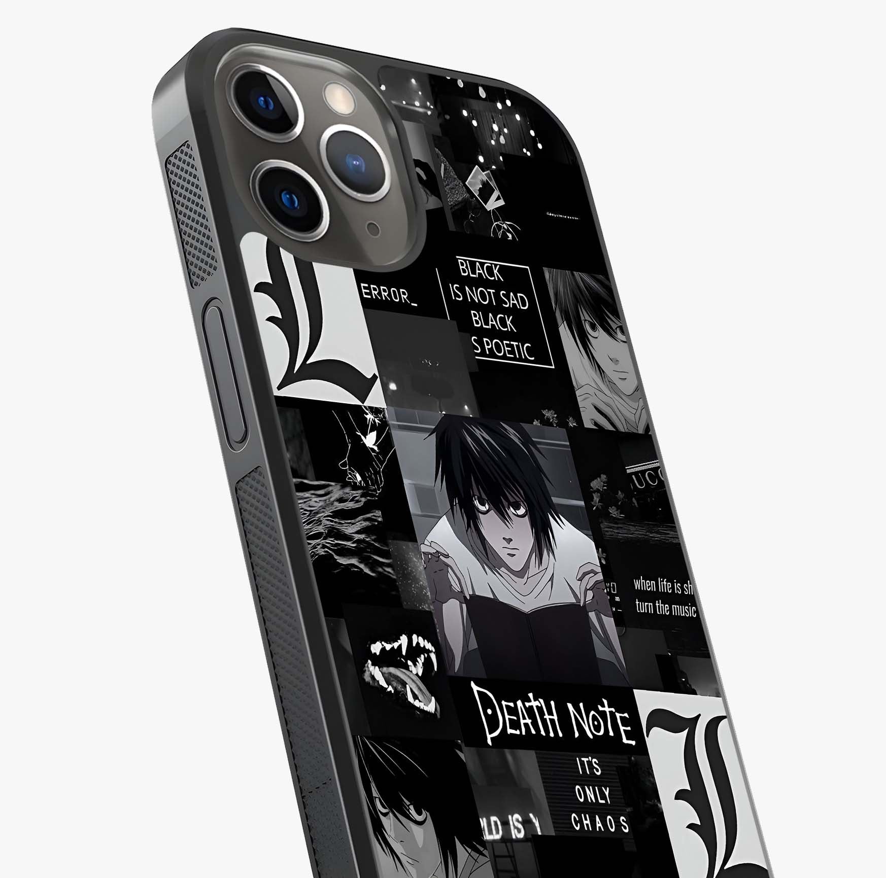 Midnight Chaos Mind Glass Case captured at a warm angle highlighting gloss, texture and premium glass finish.