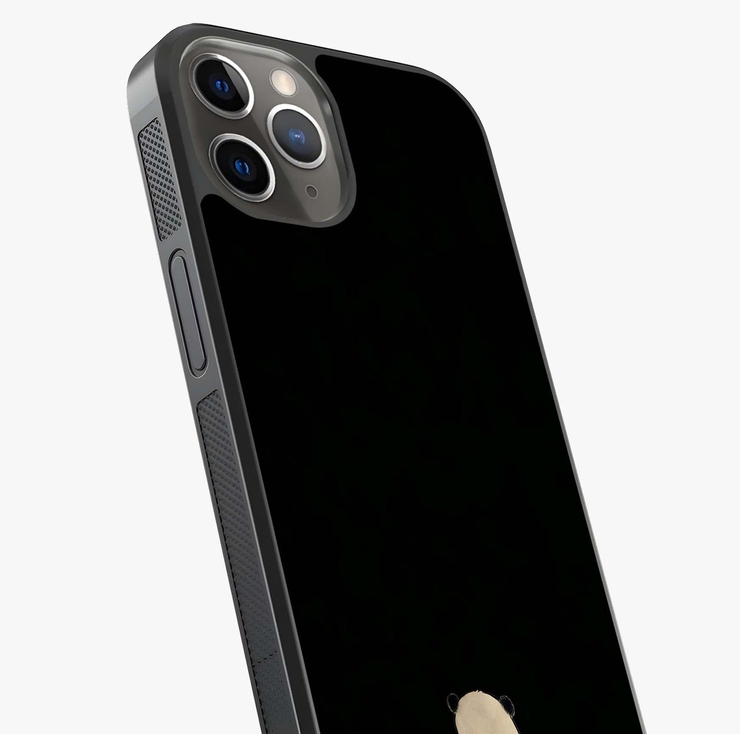 Midnight Panda Love Glass Case captured at a warm angle highlighting gloss, texture and premium glass finish.