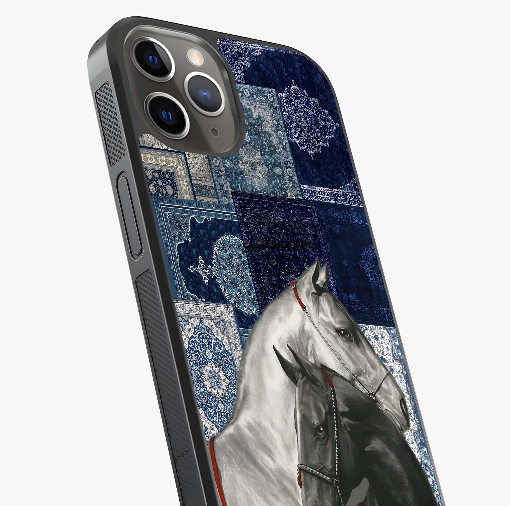 Midnight Stallion Blues Glass Case captured at a warm angle highlighting gloss, texture and premium glass finish.