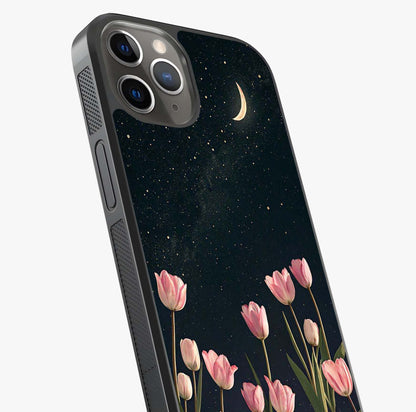 Midnight Tulip Whispers Vibe Glass Case captured at a warm angle highlighting gloss, texture and premium glass finish.