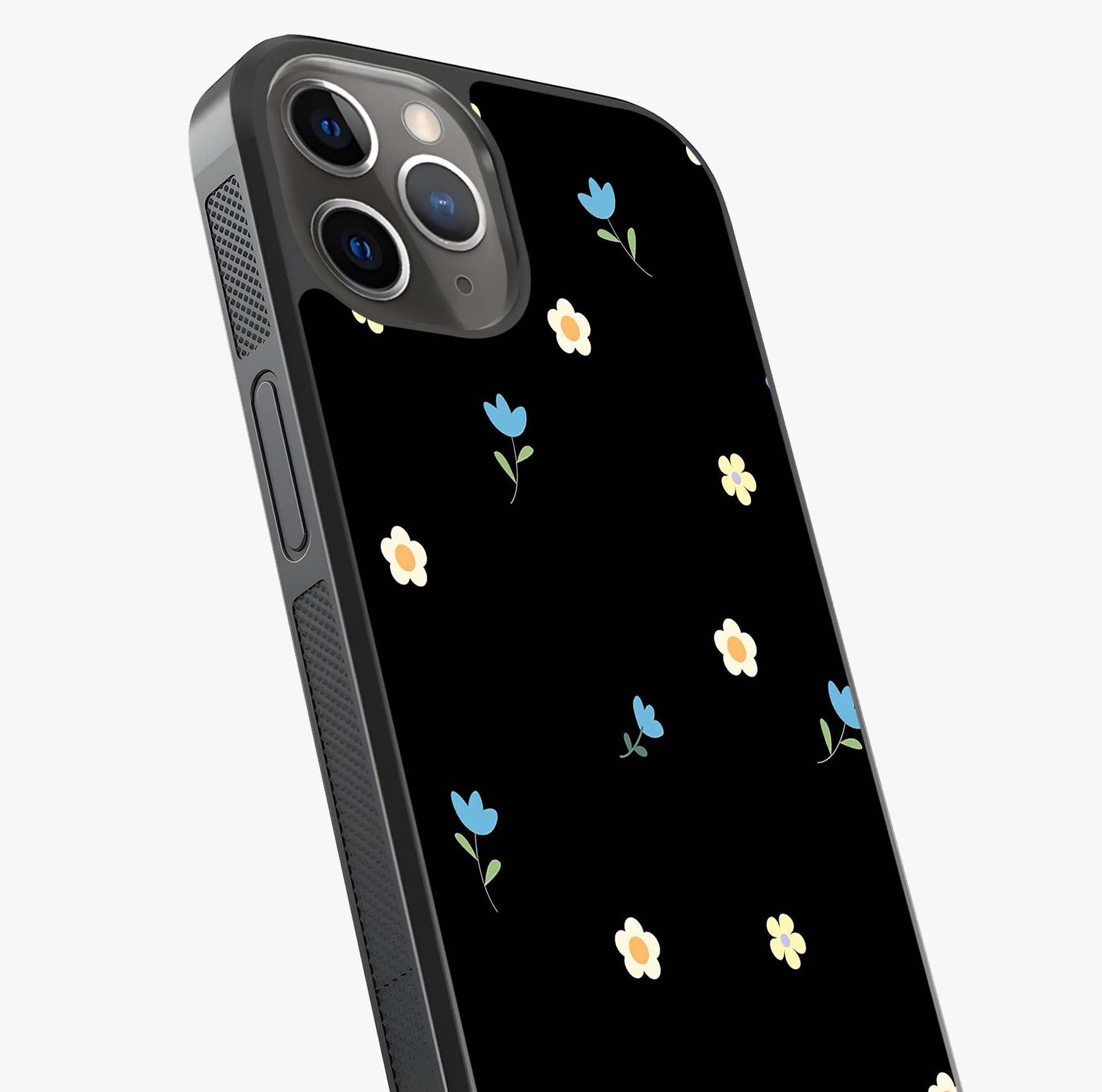 Minimalistic Blue With White Flower Pattern Glass Case captured at a warm angle highlighting gloss, texture and premium glass finish.
