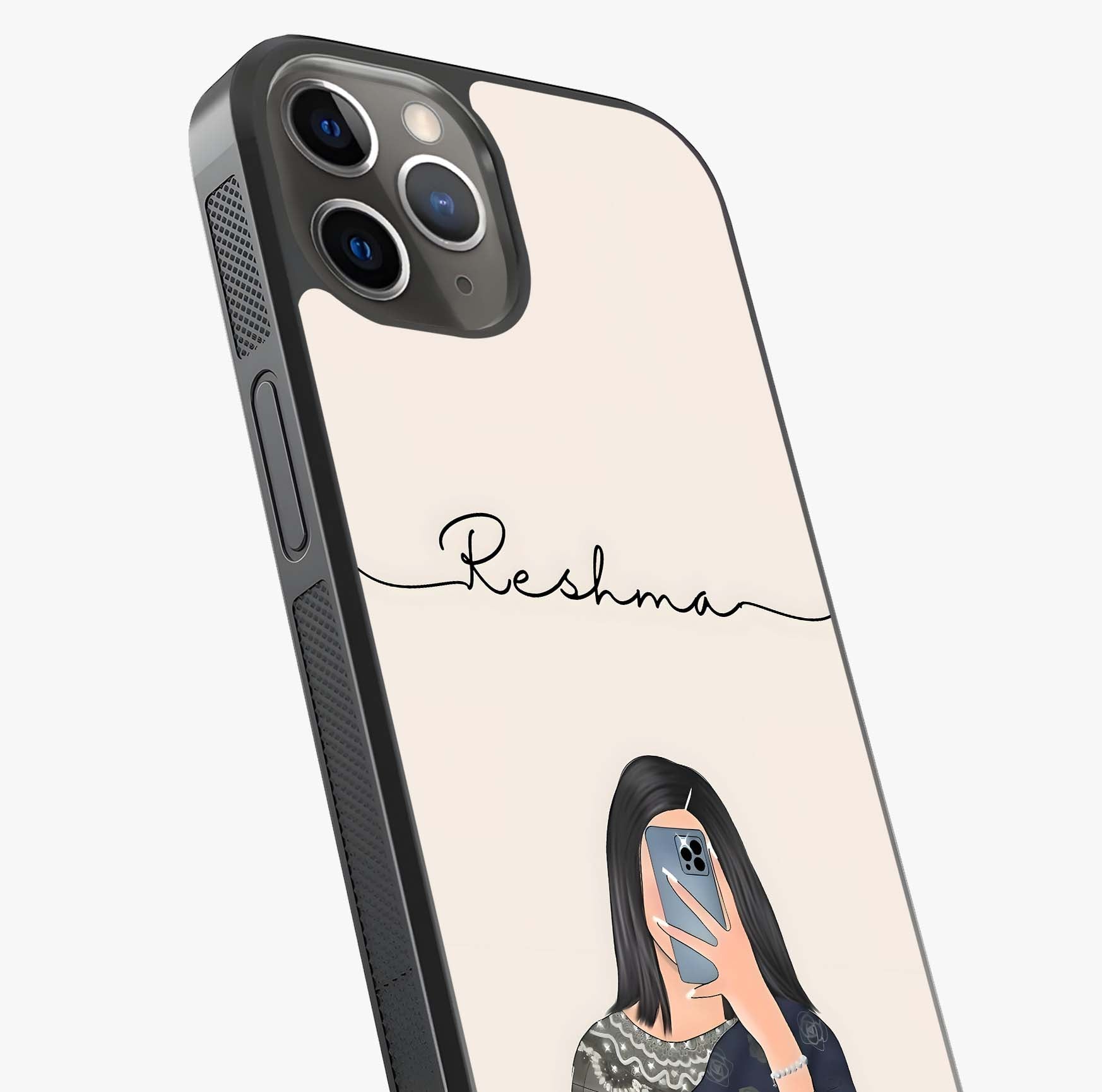 Mirror Mood Muse With Custom Name Glass Case captured at a warm angle highlighting gloss, texture and premium glass finish.