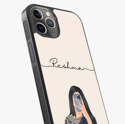 Mirror Mood Muse With Custom Name Glass Case captured at a warm angle highlighting gloss, texture and premium glass finish.