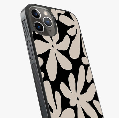 Monochrome Petal Dance Glass Case captured at a warm angle highlighting gloss, texture and premium glass finish.