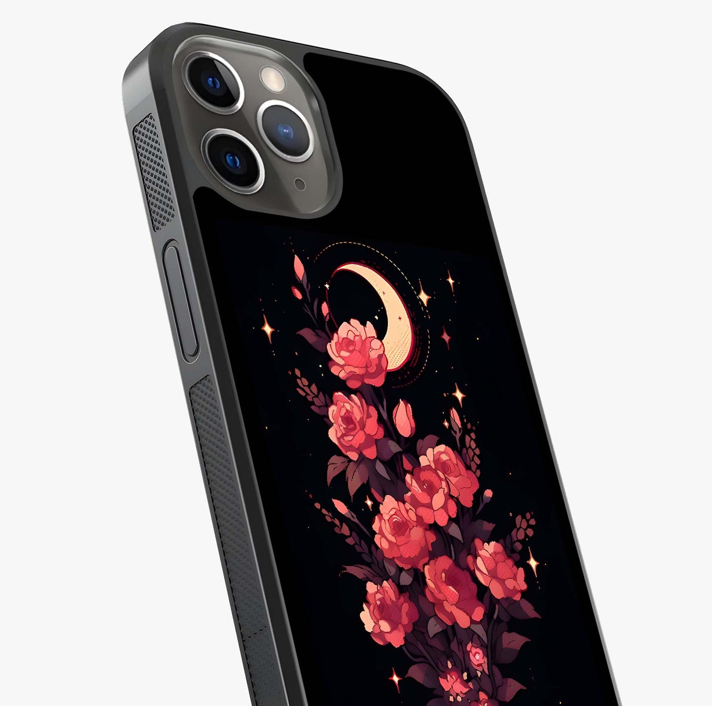Moonlit Floral Elegance Glass Case captured at a warm angle highlighting gloss, texture and premium glass finish.