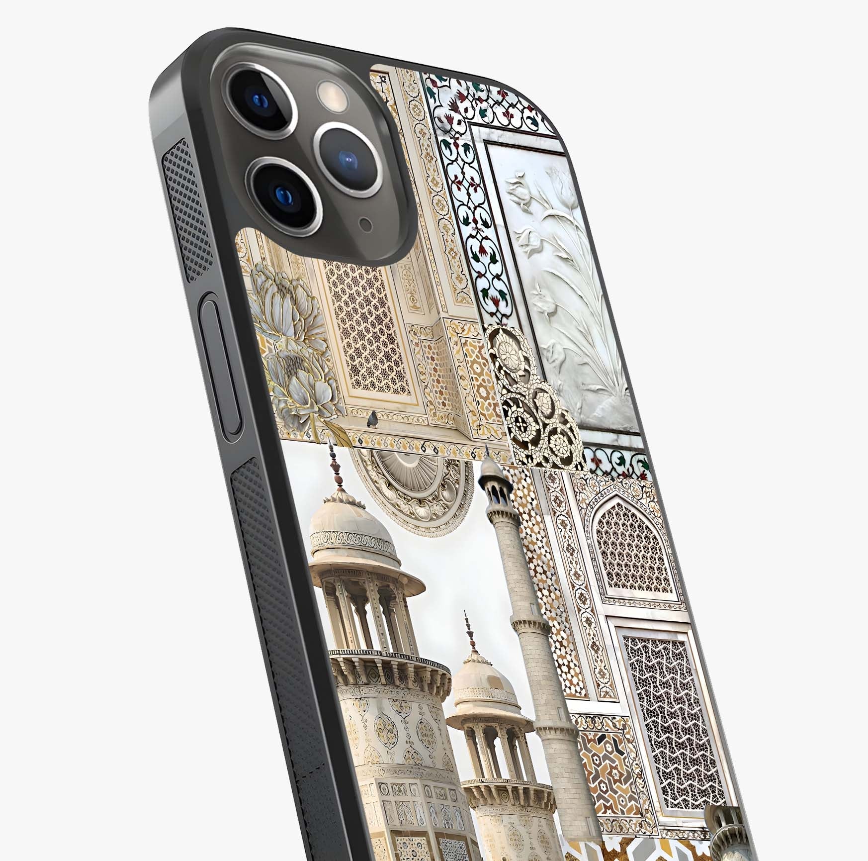 Mughal Marble Legacy Glass Case captured at a warm angle highlighting gloss, texture and premium glass finish.