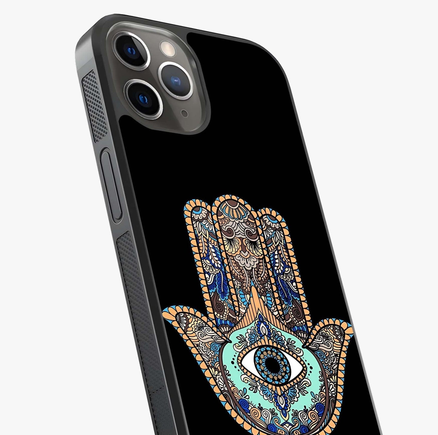 Mystic Hamsa Eye Glass Case captured at a warm angle highlighting gloss, texture and premium glass finish.