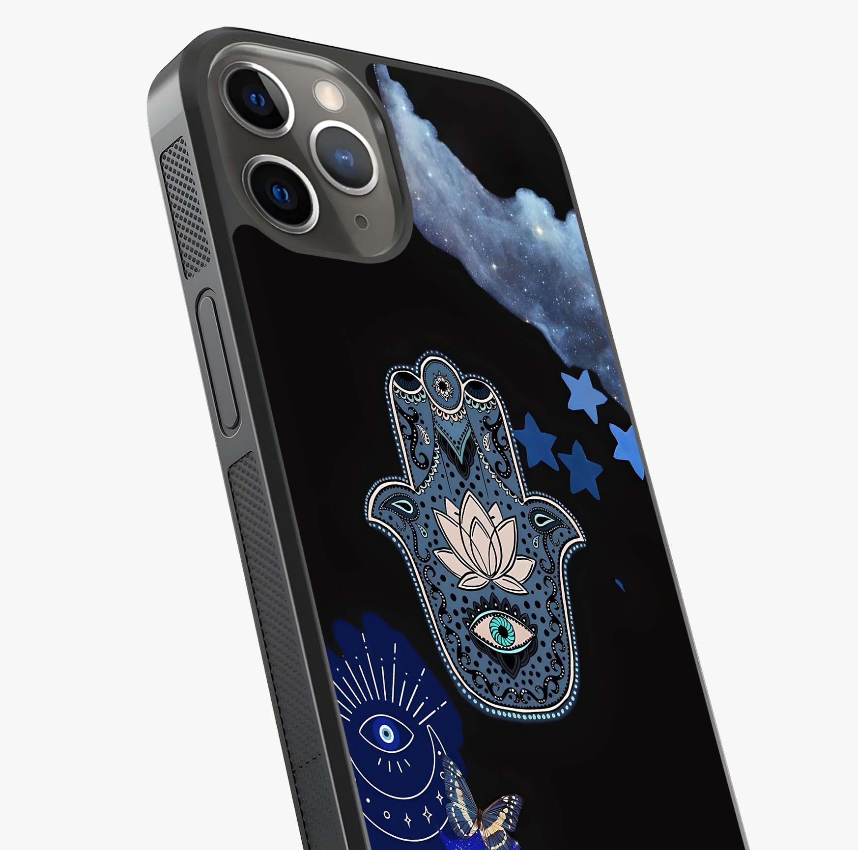 Mystic Hand Aura Glass Case captured at a warm angle highlighting gloss, texture and premium glass finish.