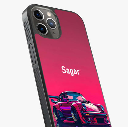 Neon Pink Porsche Glass Case captured at a warm angle highlighting gloss, texture and premium glass finish.