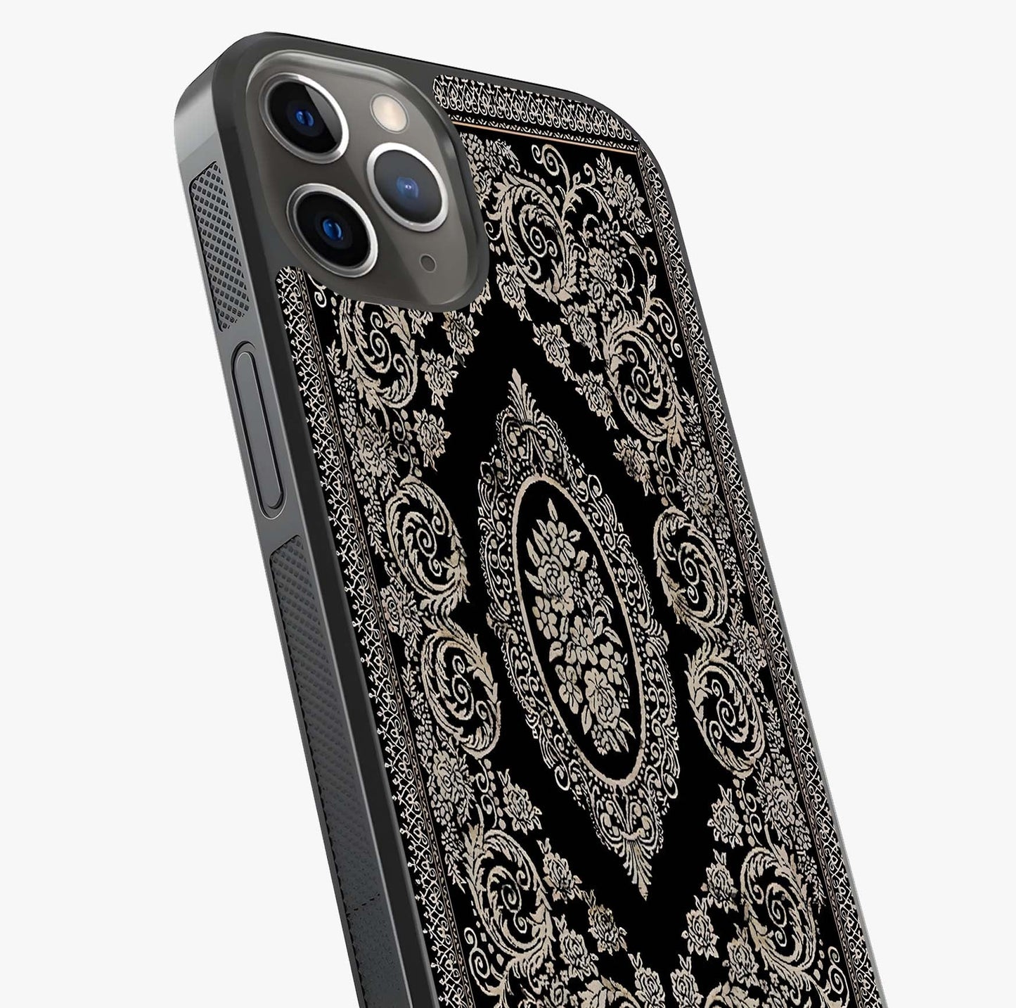 Noir Bloom Elegance Glass Case captured at a warm angle highlighting gloss, texture and premium glass finish.