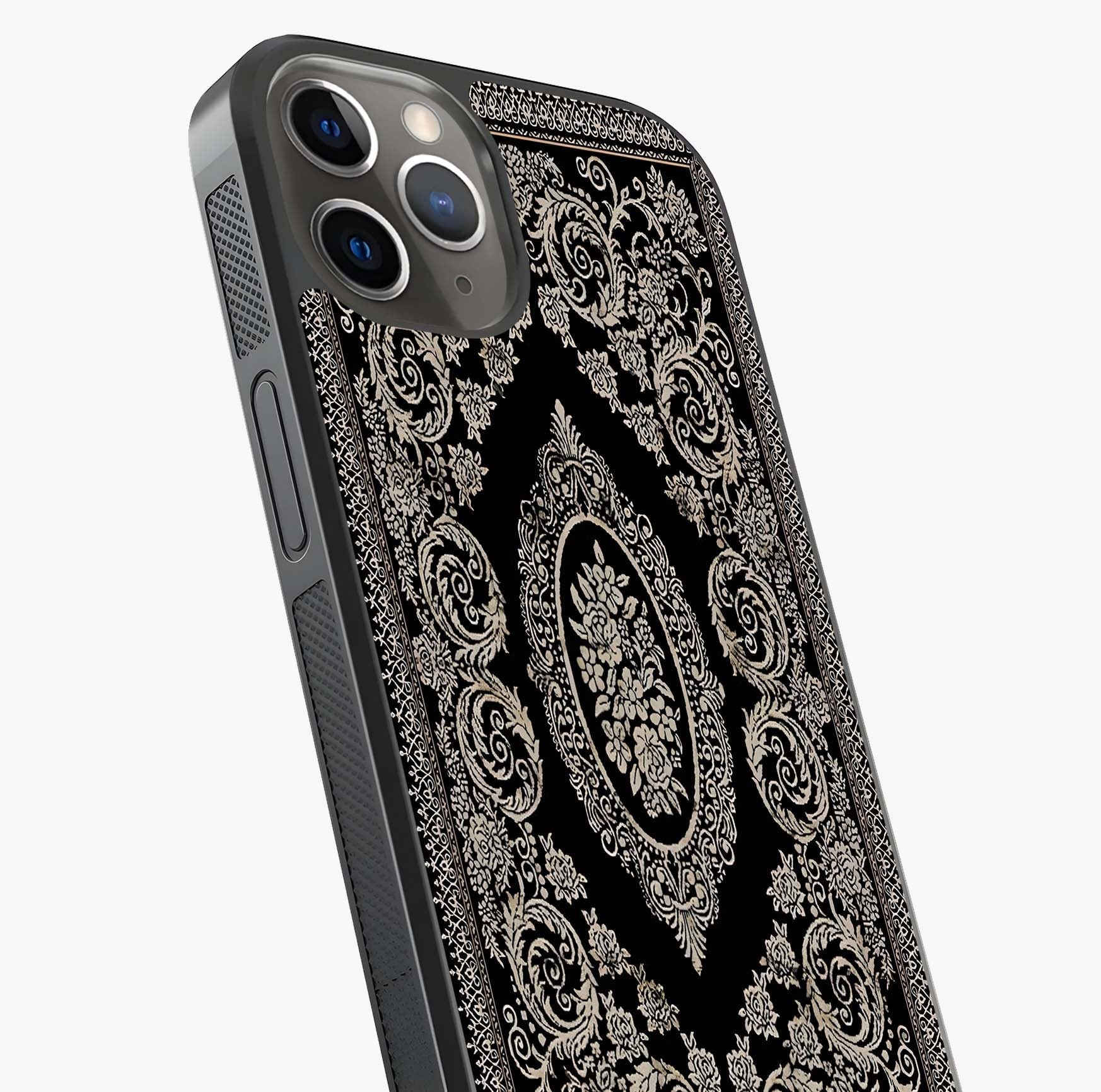 Noir Bloom Elegance Glass Case captured at a warm angle highlighting gloss, texture and premium glass finish.