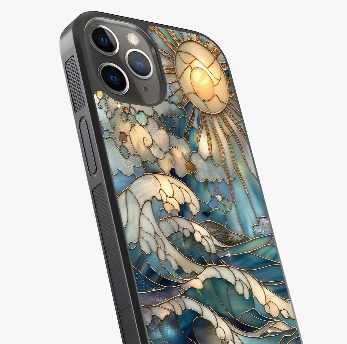 Oceanic Stained Printed Glass Case captured at a warm angle highlighting gloss, texture and premium glass finish.