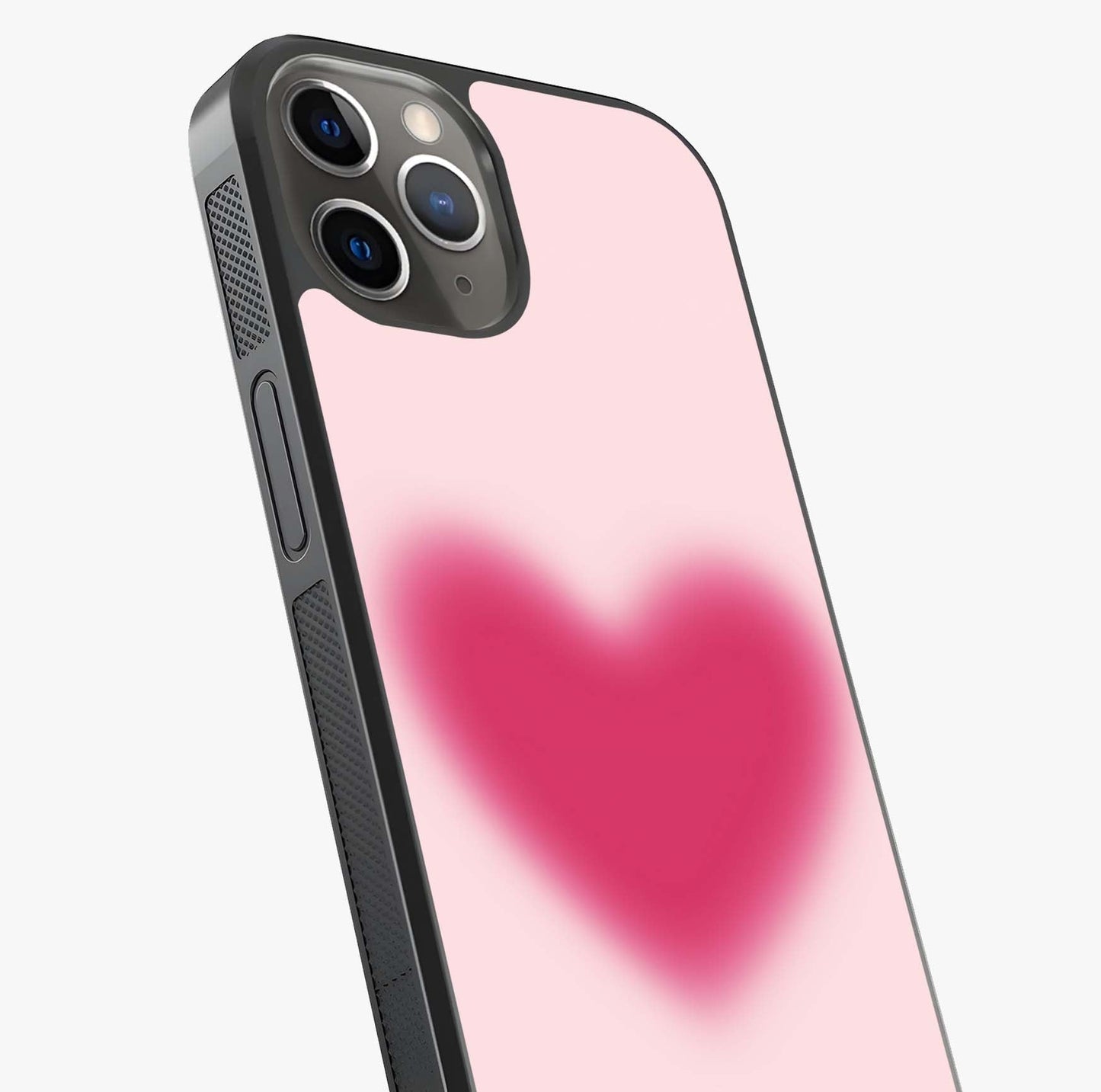 Pink Aura Heart Glass Case captured at a warm angle highlighting gloss, texture and premium glass finish.