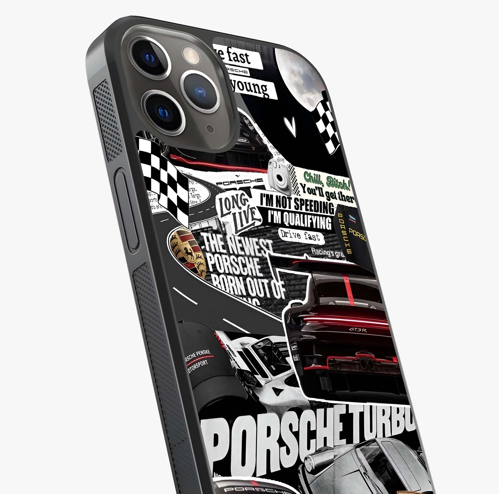 Porsche Racing Collage Glass Case captured at a warm angle highlighting gloss, texture and premium glass finish.