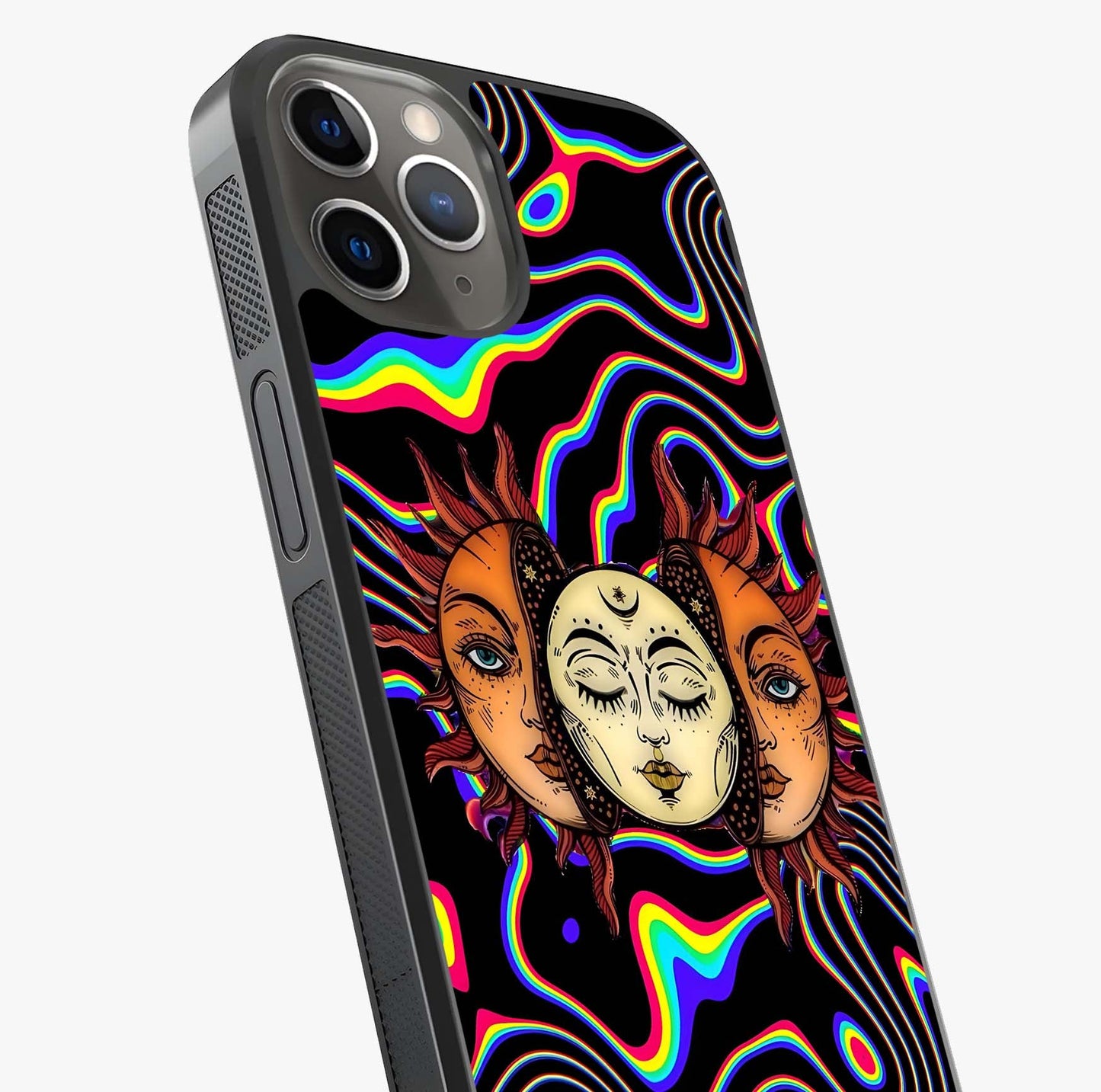 Psychedelic Sun Glass Case captured at a warm angle highlighting gloss, texture and premium glass finish.