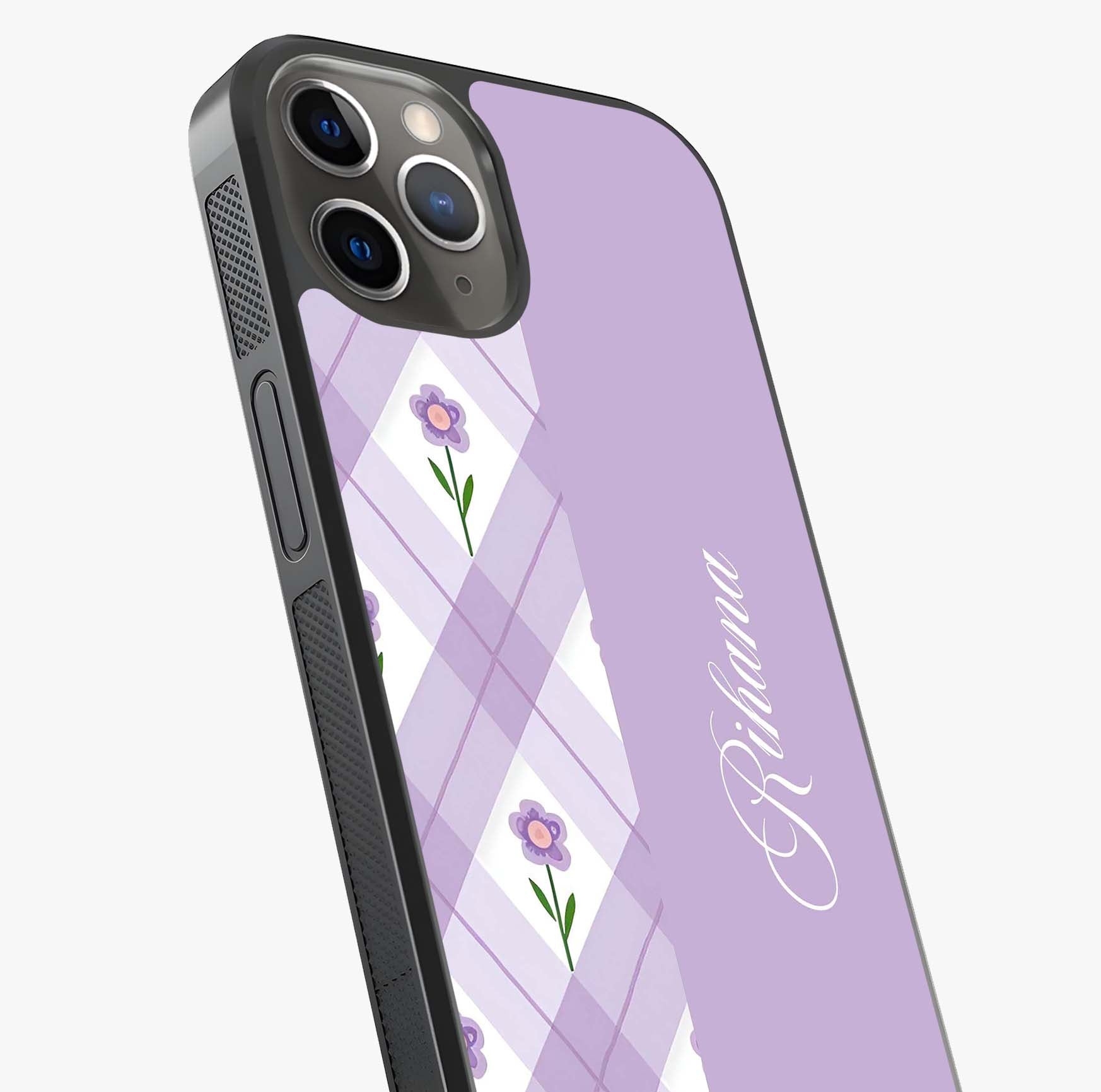 Purple Diamond Floral Glass Case captured at a warm angle highlighting gloss, texture and premium glass finish.