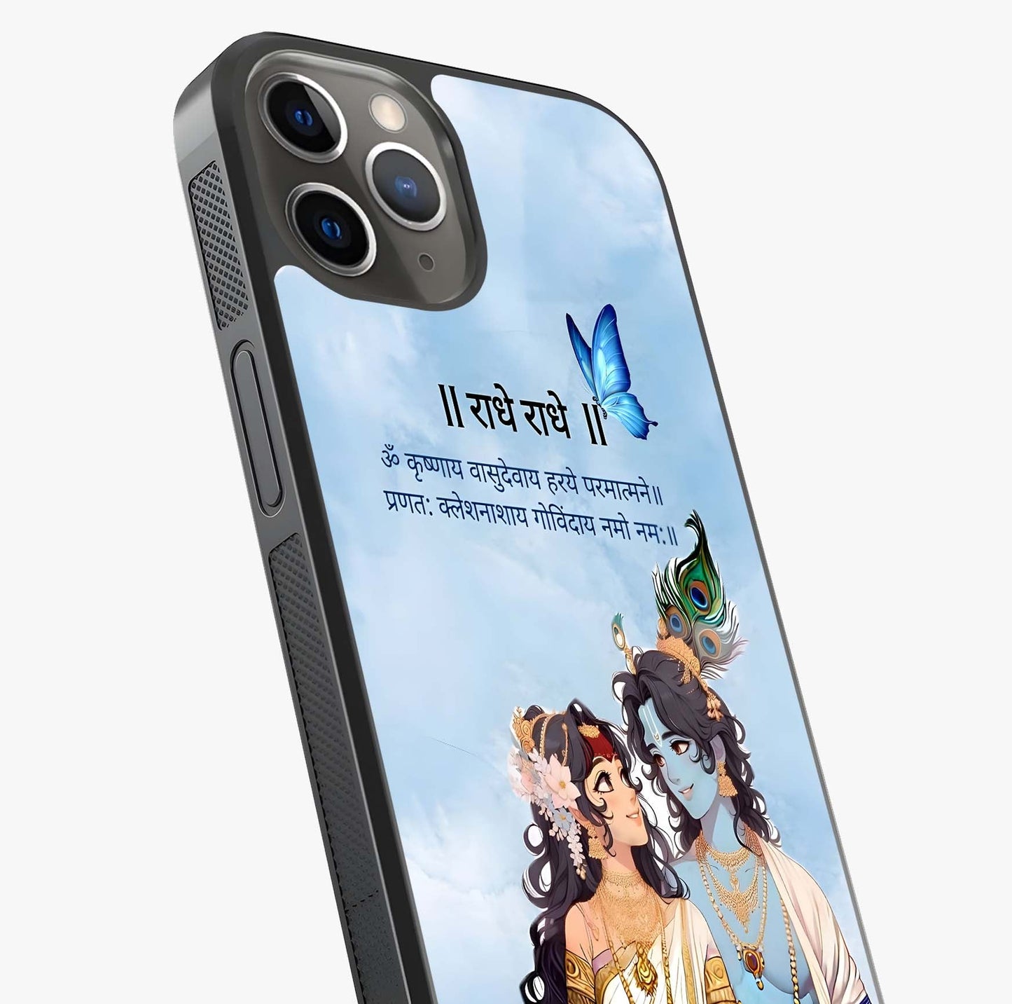 Radha Krishna Eternal Glass Case captured at a warm angle highlighting gloss, texture and premium glass finish.