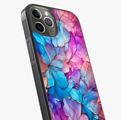 Radiant Floral Whirl Glass Case captured at a warm angle highlighting gloss, texture and premium glass finish.
