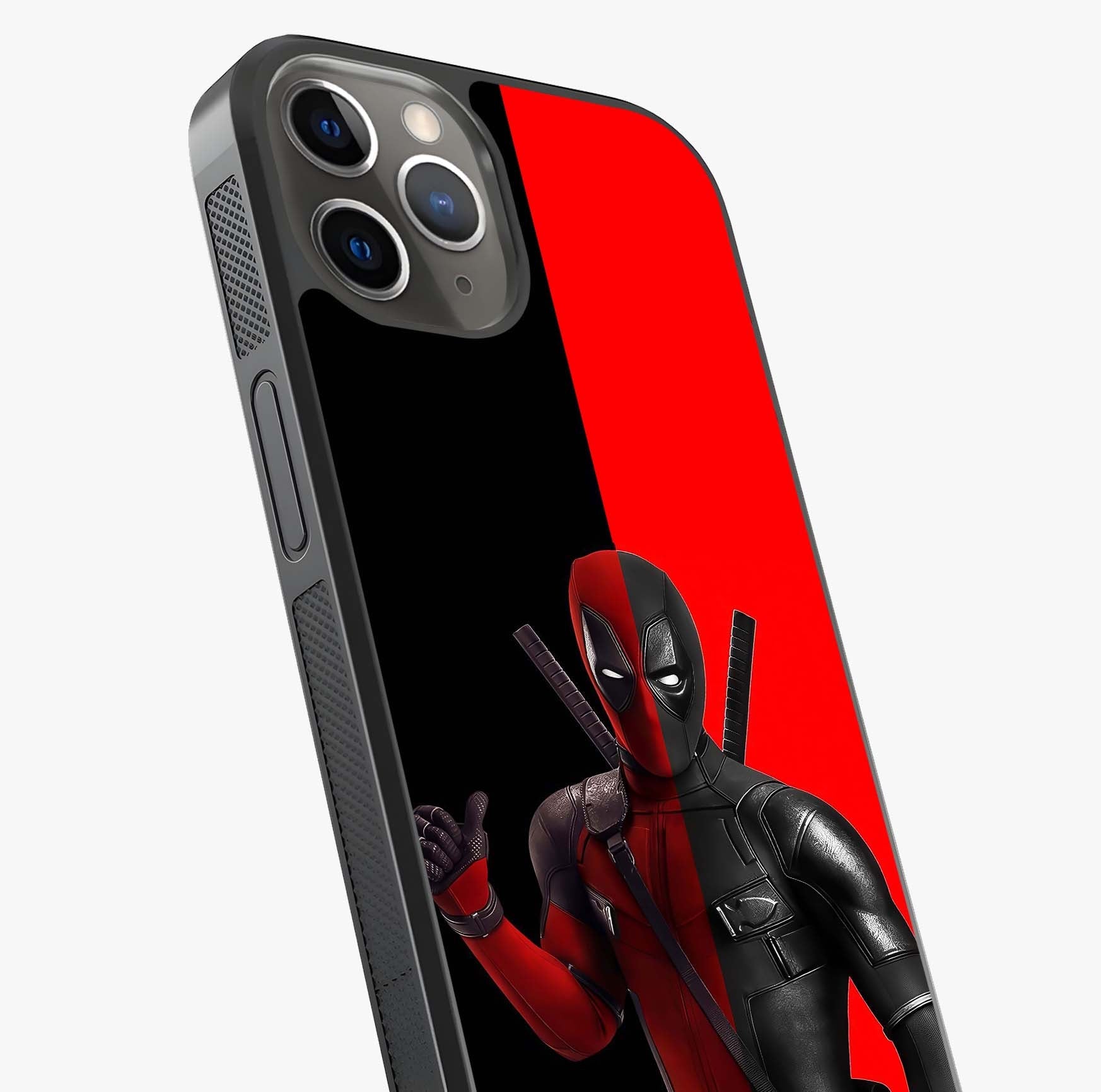 Red & Black Deadpool Theme Glass Case captured at a warm angle highlighting gloss, texture and premium glass finish.