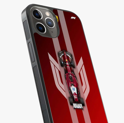 Red Ferrari F1 Vertical Glass Case captured at a warm angle highlighting gloss, texture and premium glass finish.