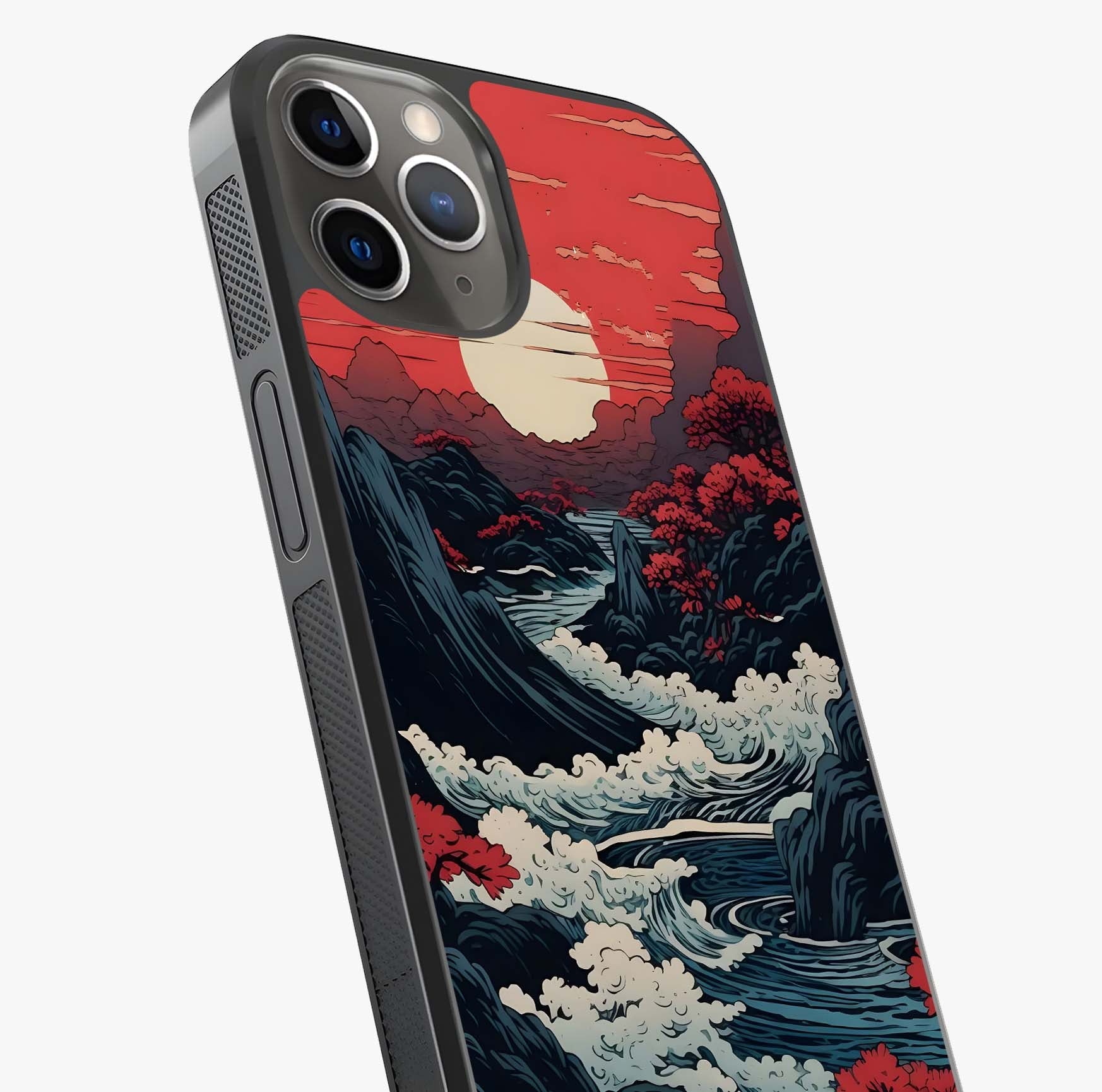 Red Sunset Scenery Glass Case captured at a warm angle highlighting gloss, texture and premium glass finish.
